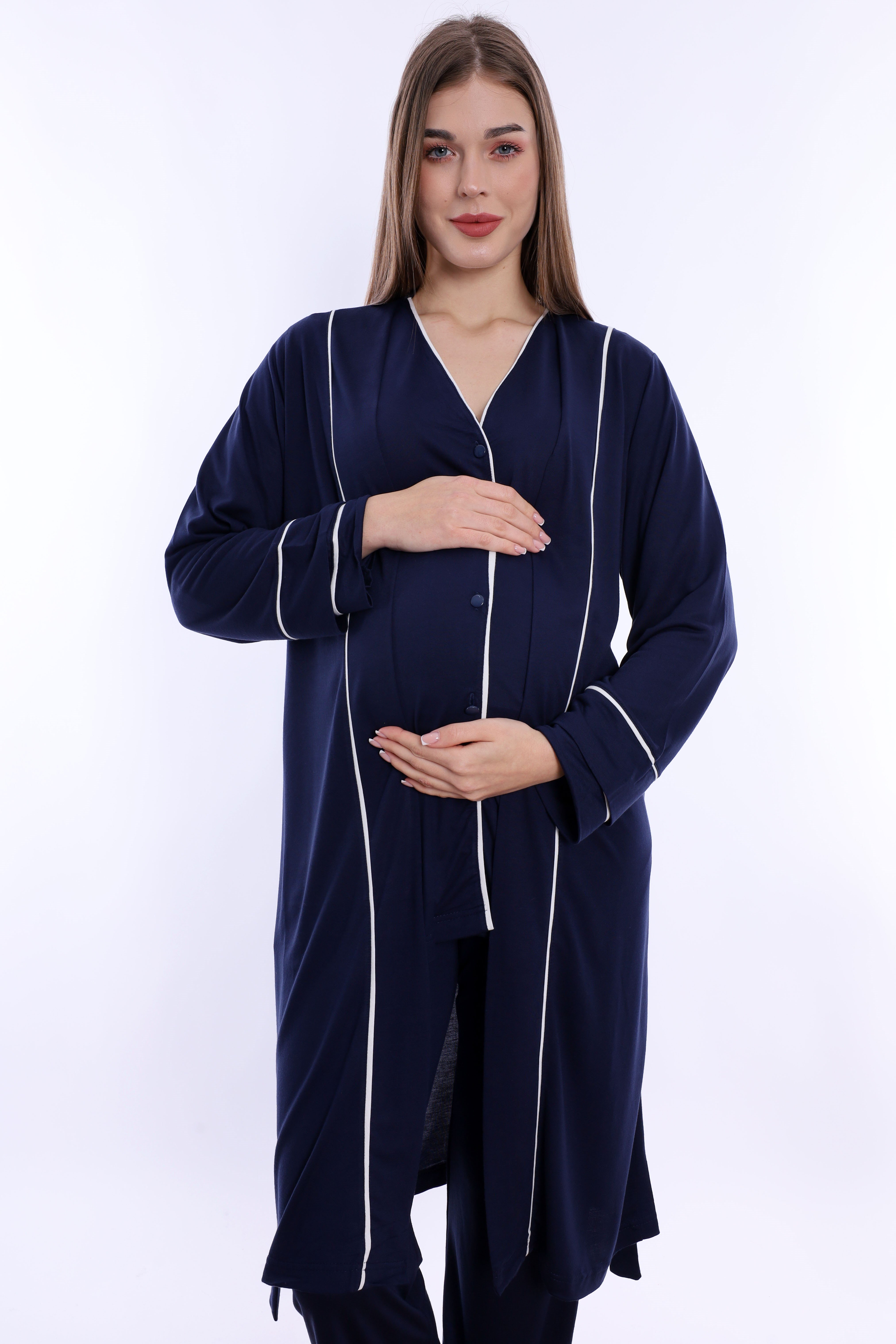 250742 Yumuşak Dokulu Pamuklu Sabahlıklı Hamile Lohusa Pijama Takımı  - Lacivert