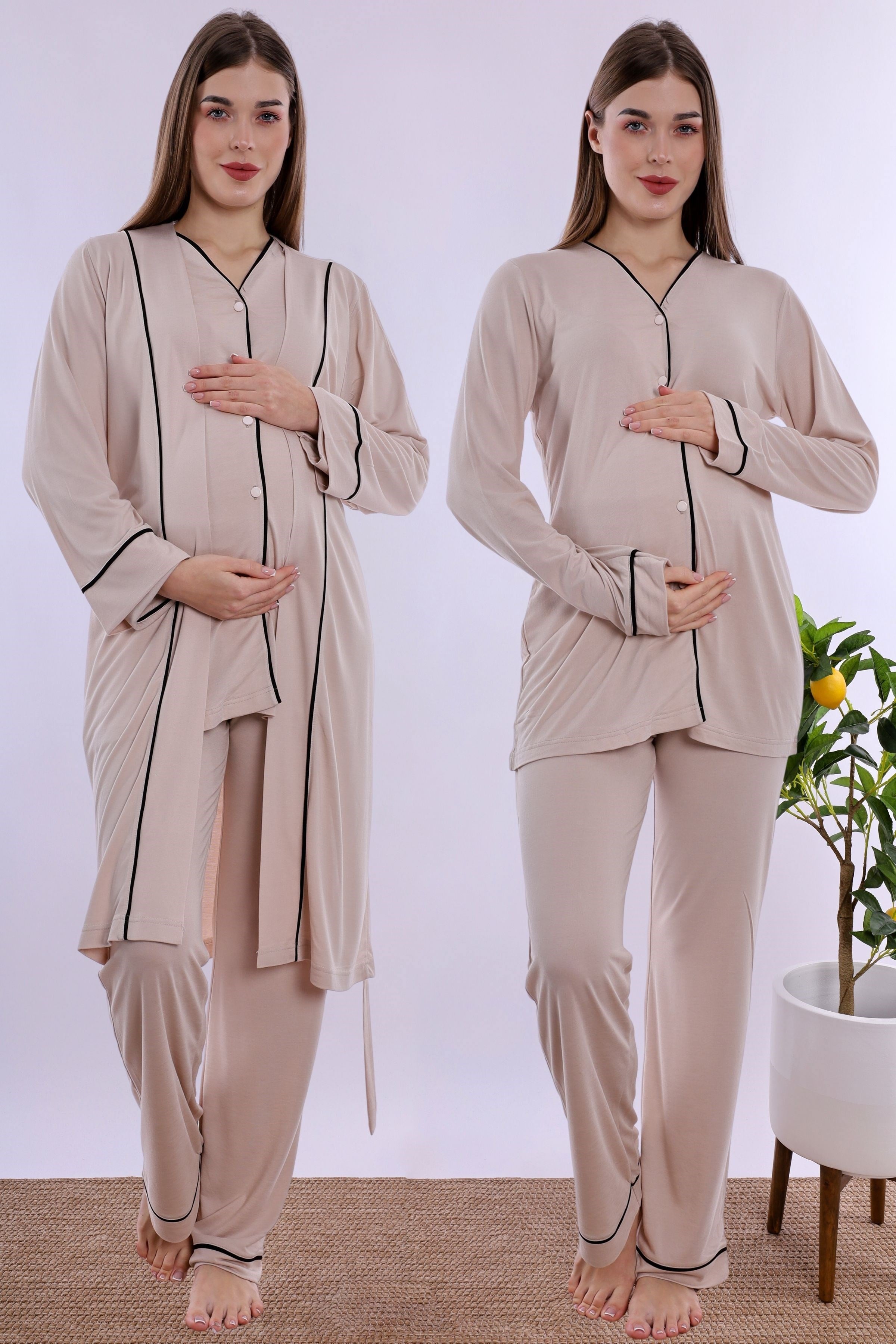 250742 Yumuşak Dokulu Pamuklu Sabahlıklı Hamile Lohusa Pijama Takımı  - Kahve