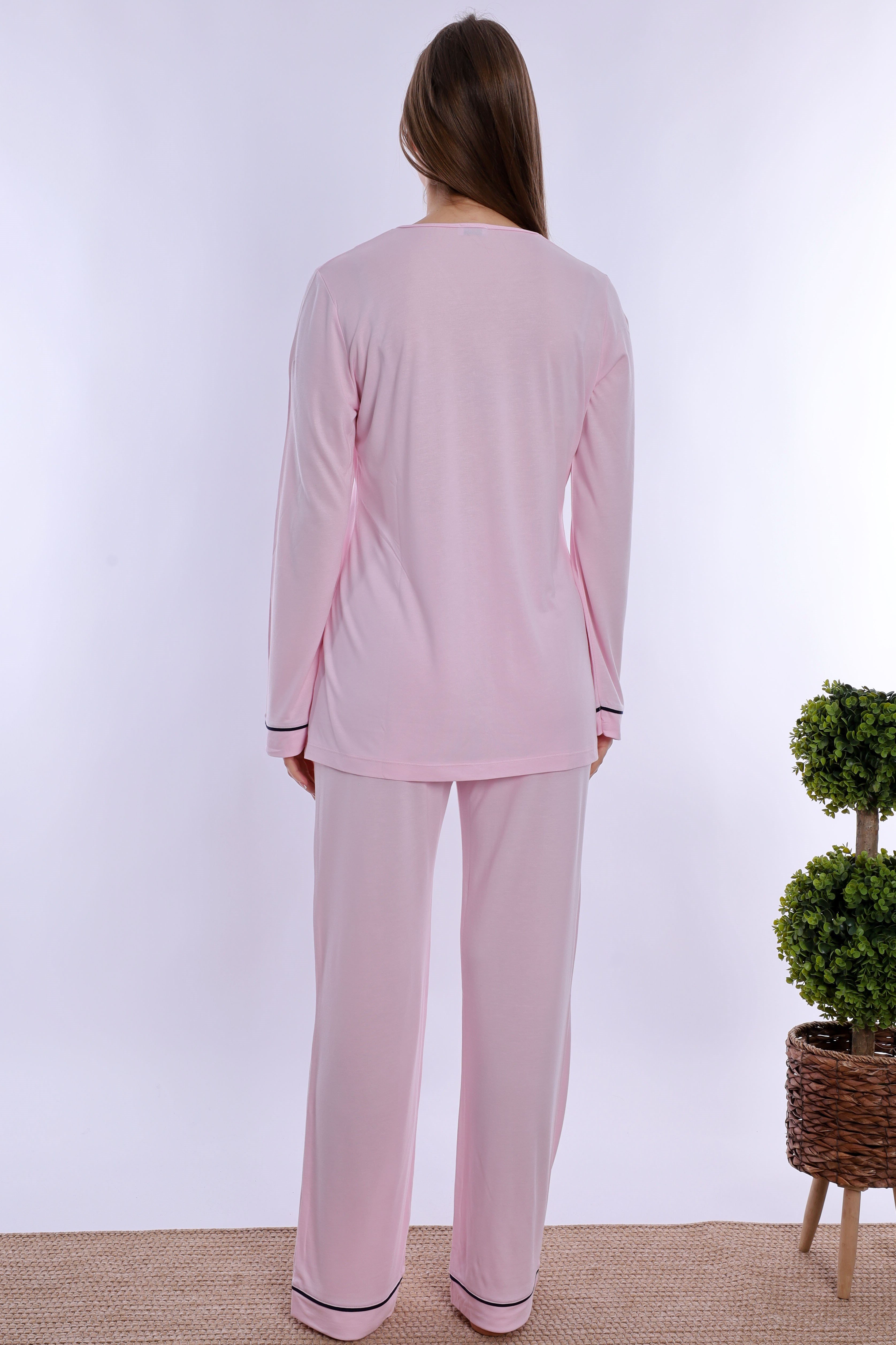 250742 Yumuşak Dokulu Pamuklu Sabahlıklı Hamile Lohusa Pijama Takımı  - Pembe
