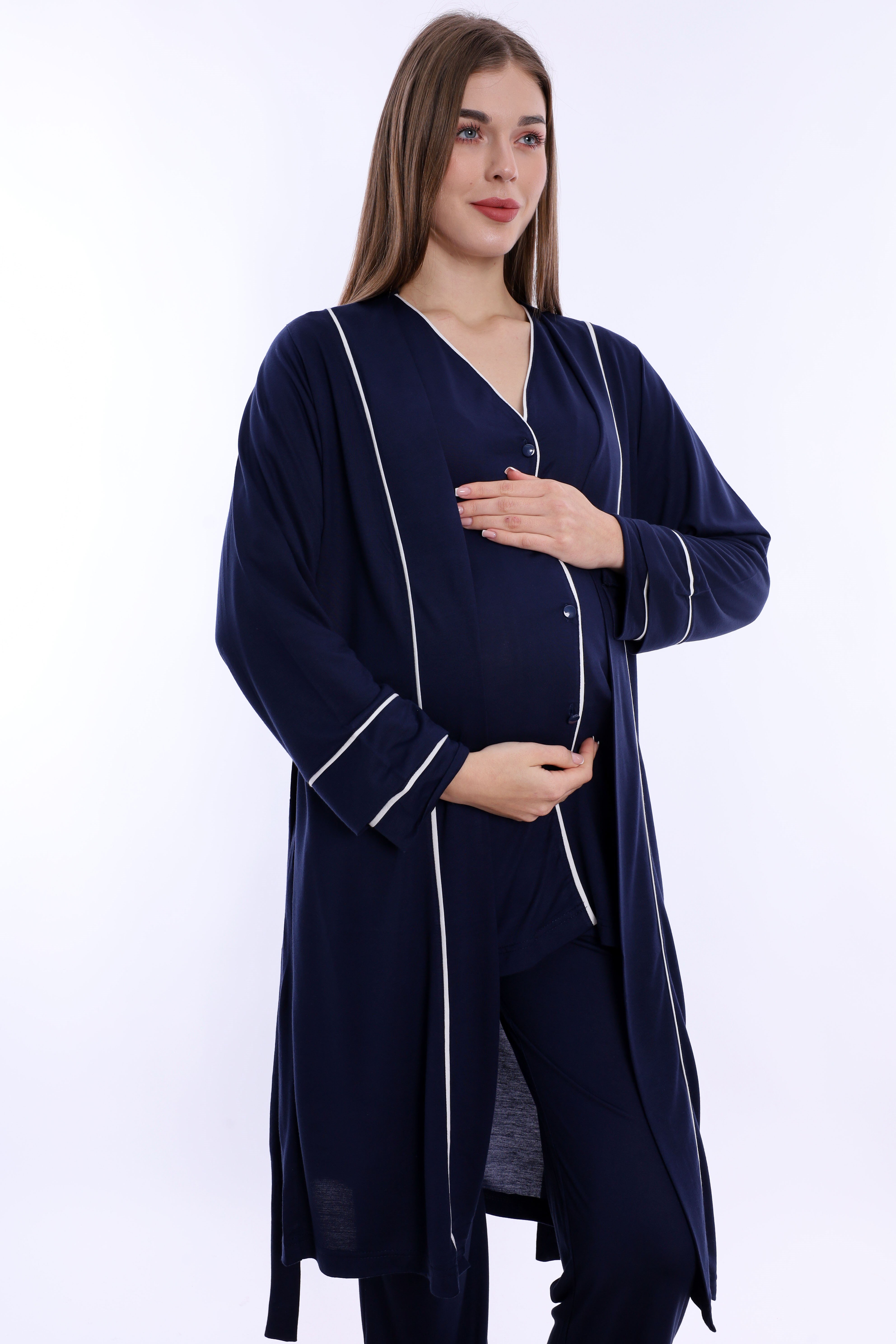 250742 Yumuşak Dokulu Pamuklu Sabahlıklı Hamile Lohusa Pijama Takımı  - Lacivert