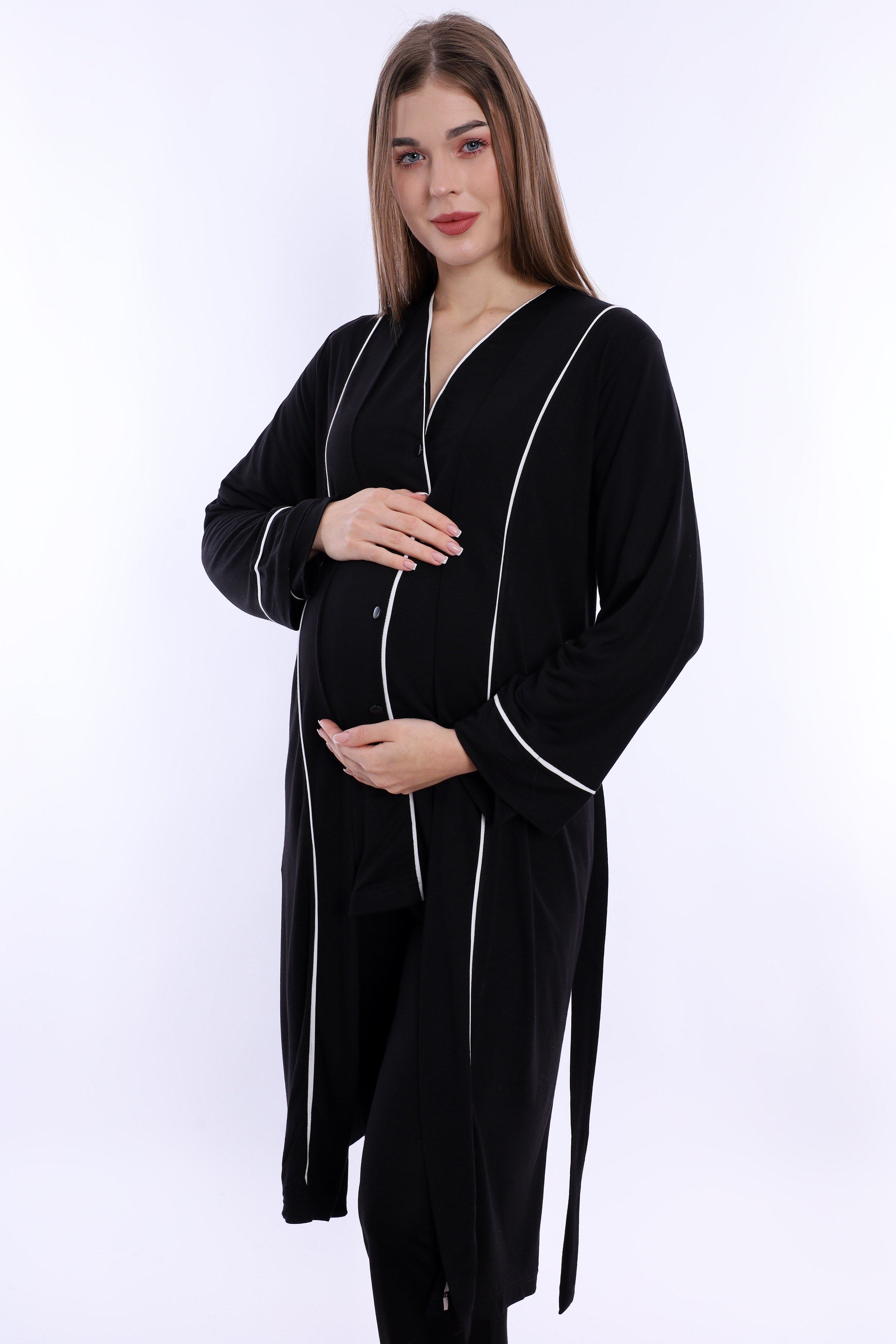 250742 Yumuşak Dokulu Pamuklu Sabahlıklı Hamile Lohusa Pijama Takımı  - Siyah