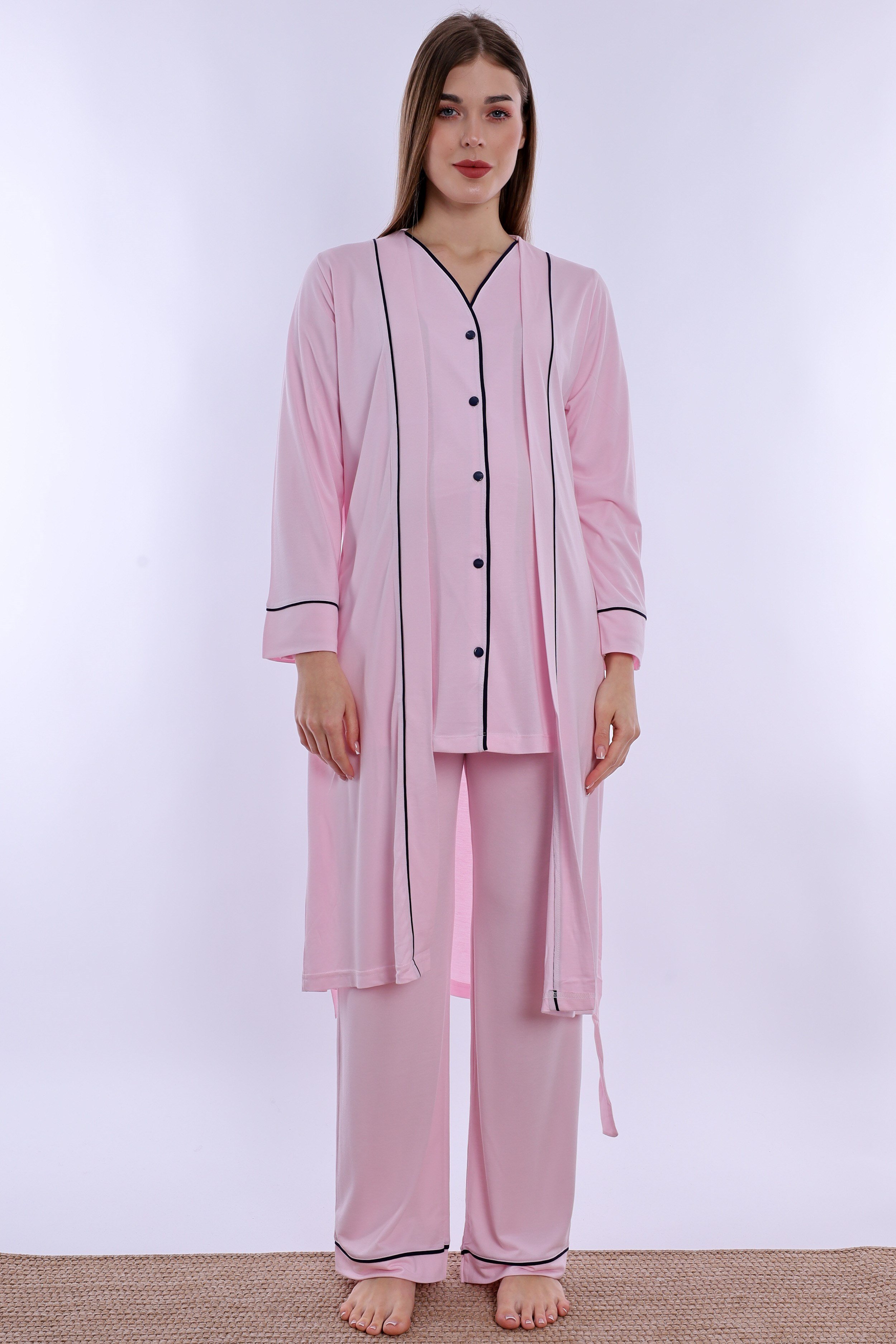250742 Yumuşak Dokulu Pamuklu Sabahlıklı Hamile Lohusa Pijama Takımı  - Pembe