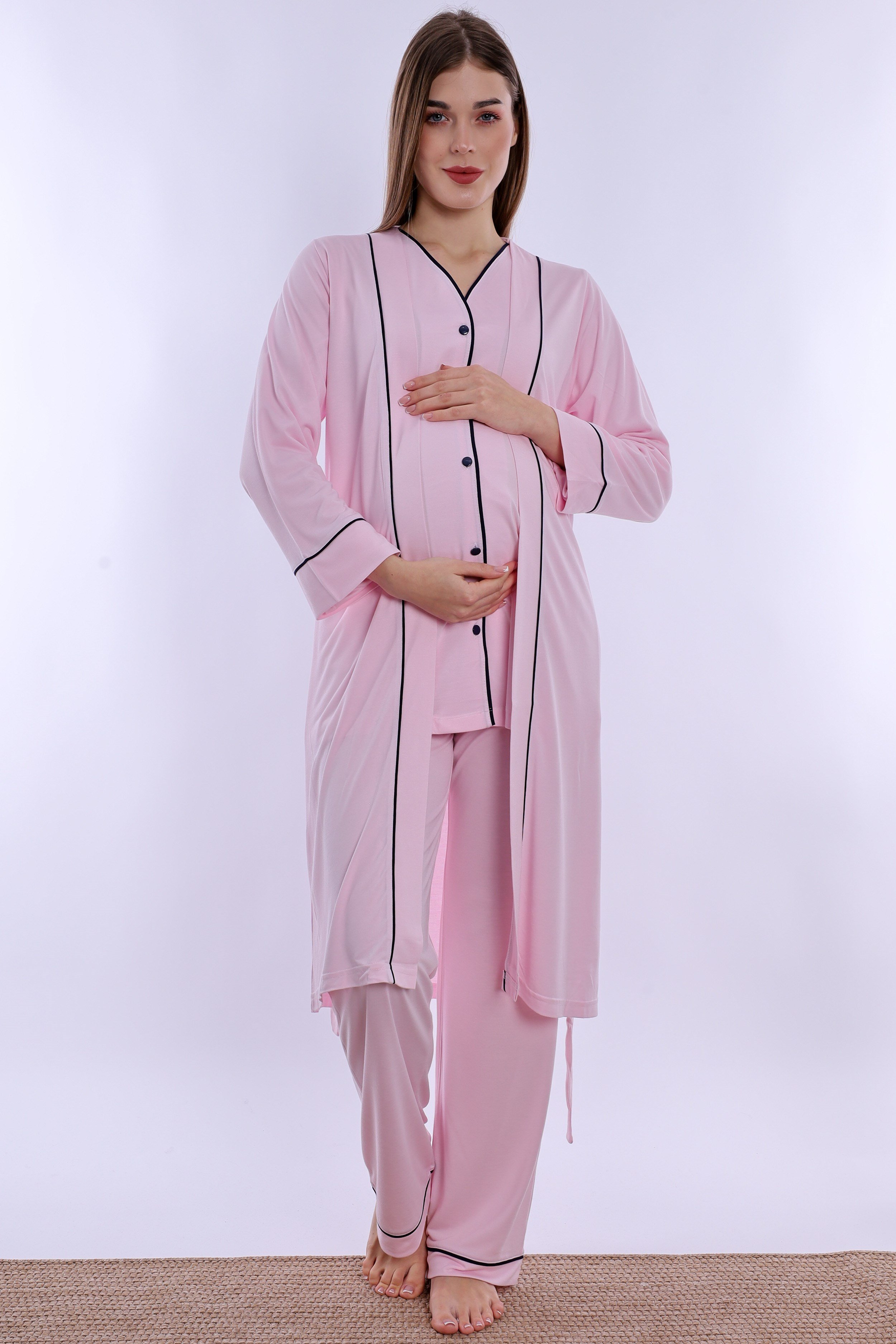 250742 Yumuşak Dokulu Pamuklu Sabahlıklı Hamile Lohusa Pijama Takımı  - Pembe