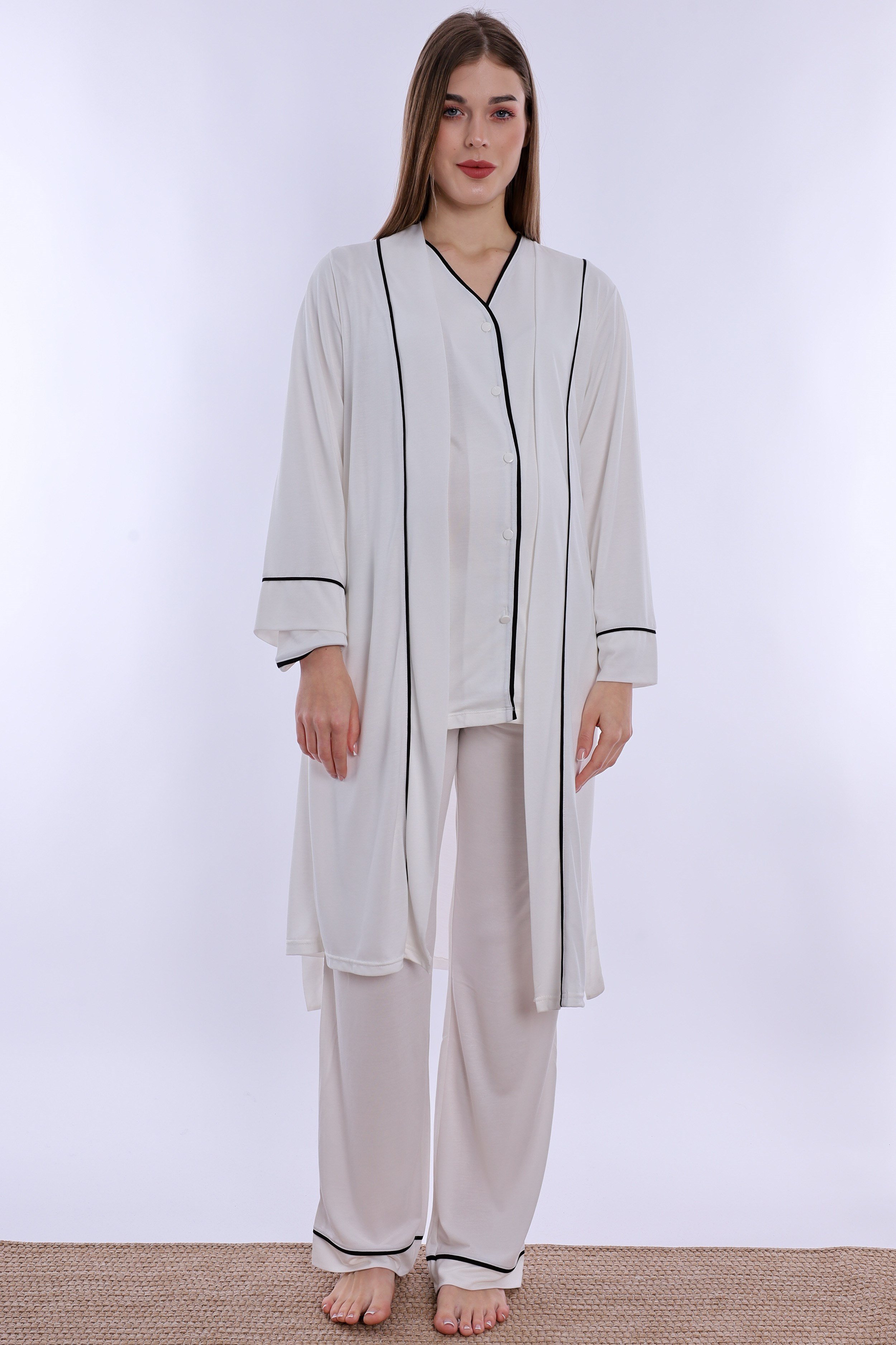 250742 Yumuşak Dokulu Pamuklu Sabahlıklı Hamile Lohusa Pijama Takımı  - Ekru
