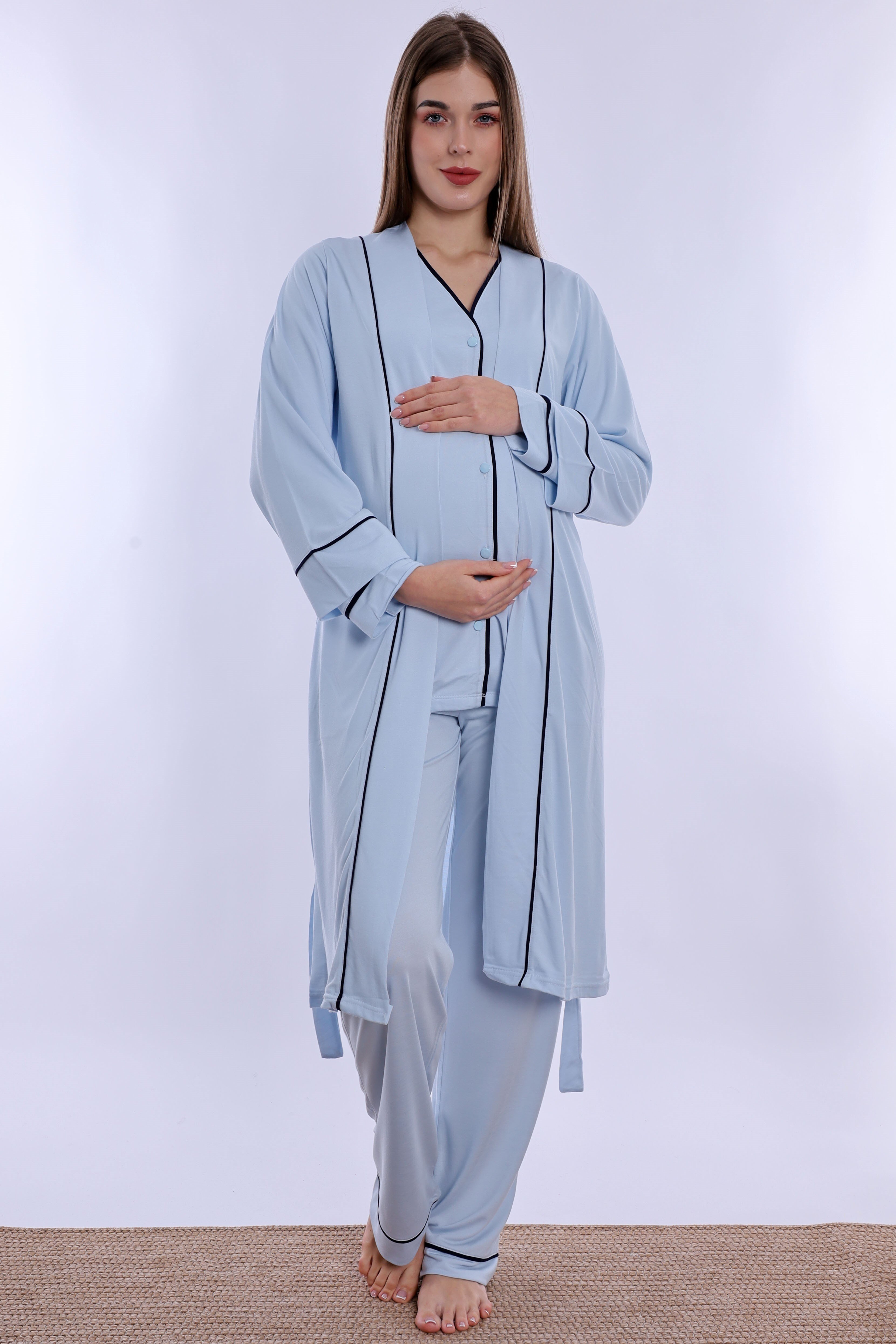 250742 Yumuşak Dokulu Pamuklu Sabahlıklı Hamile Lohusa Pijama Takımı  - Mavi