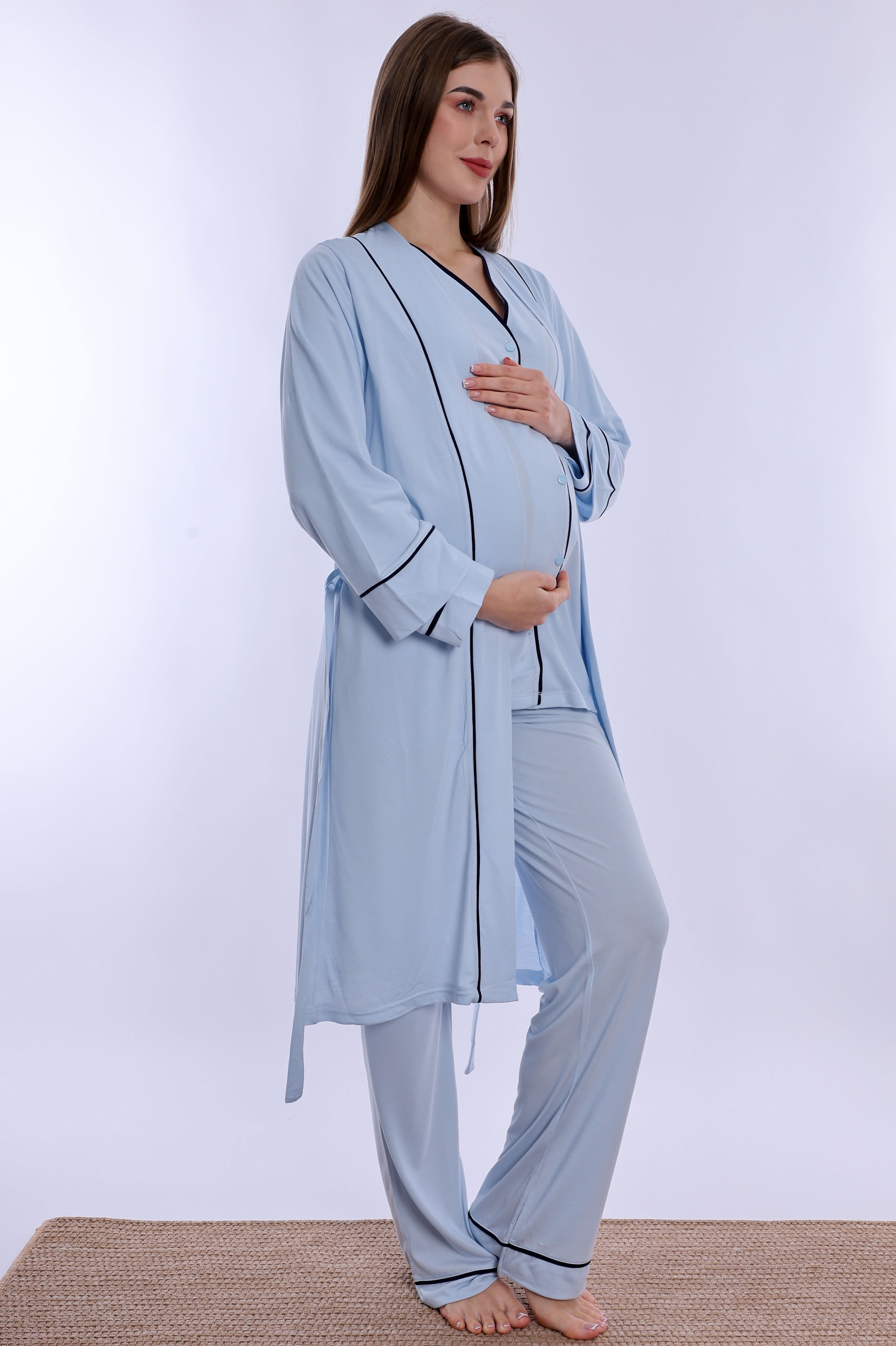 250742 Yumuşak Dokulu Pamuklu Sabahlıklı Hamile Lohusa Pijama Takımı  - Mavi