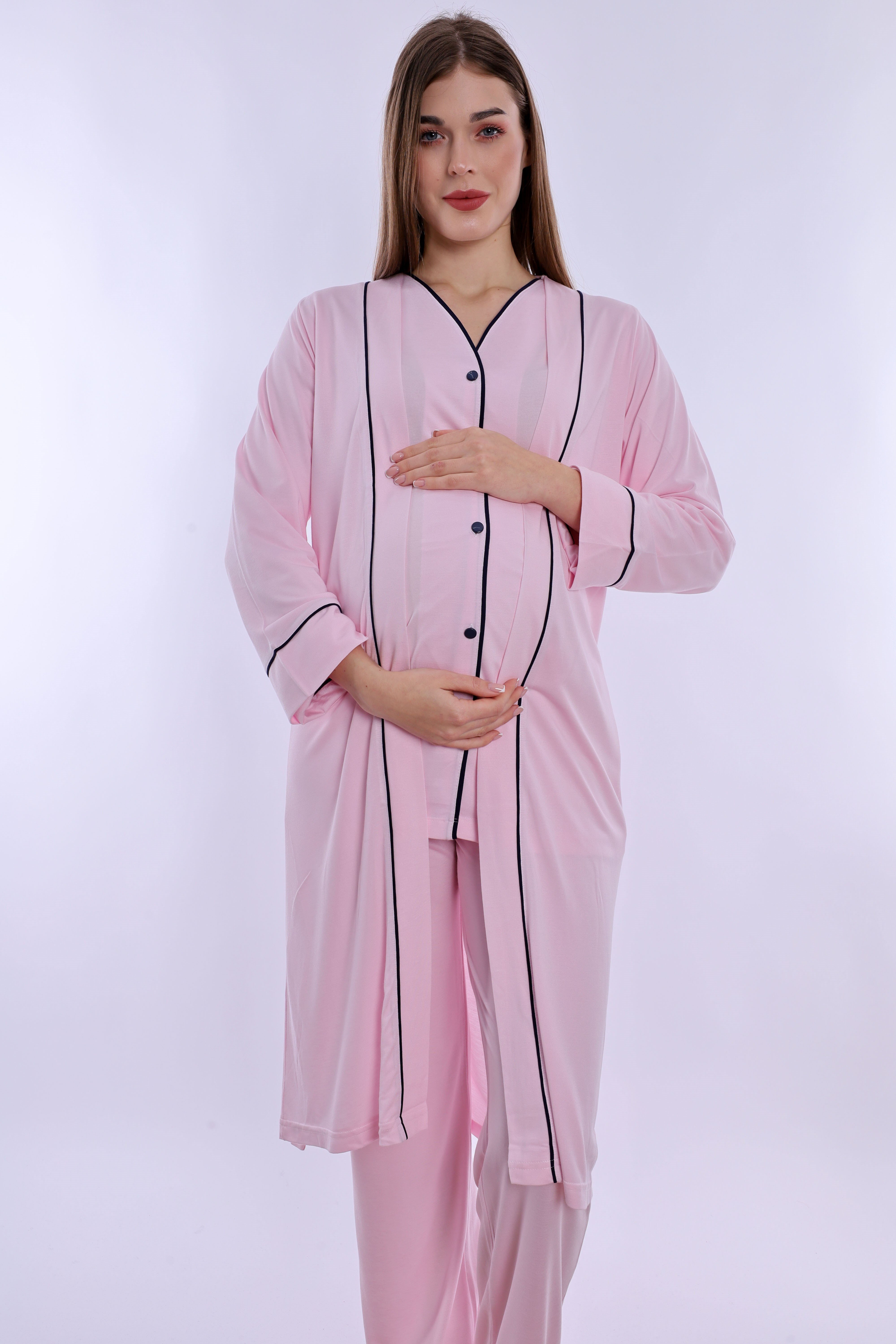 250742 Yumuşak Dokulu Pamuklu Sabahlıklı Hamile Lohusa Pijama Takımı  - Pembe