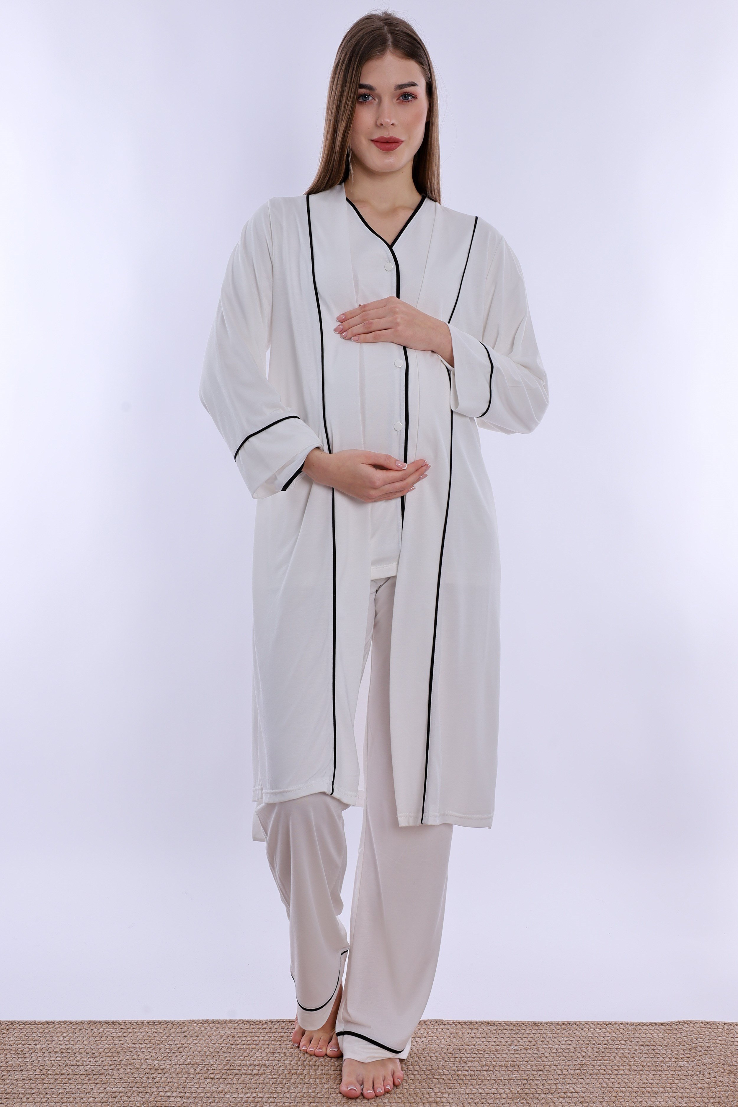 250742 Yumuşak Dokulu Pamuklu Sabahlıklı Hamile Lohusa Pijama Takımı  - Ekru