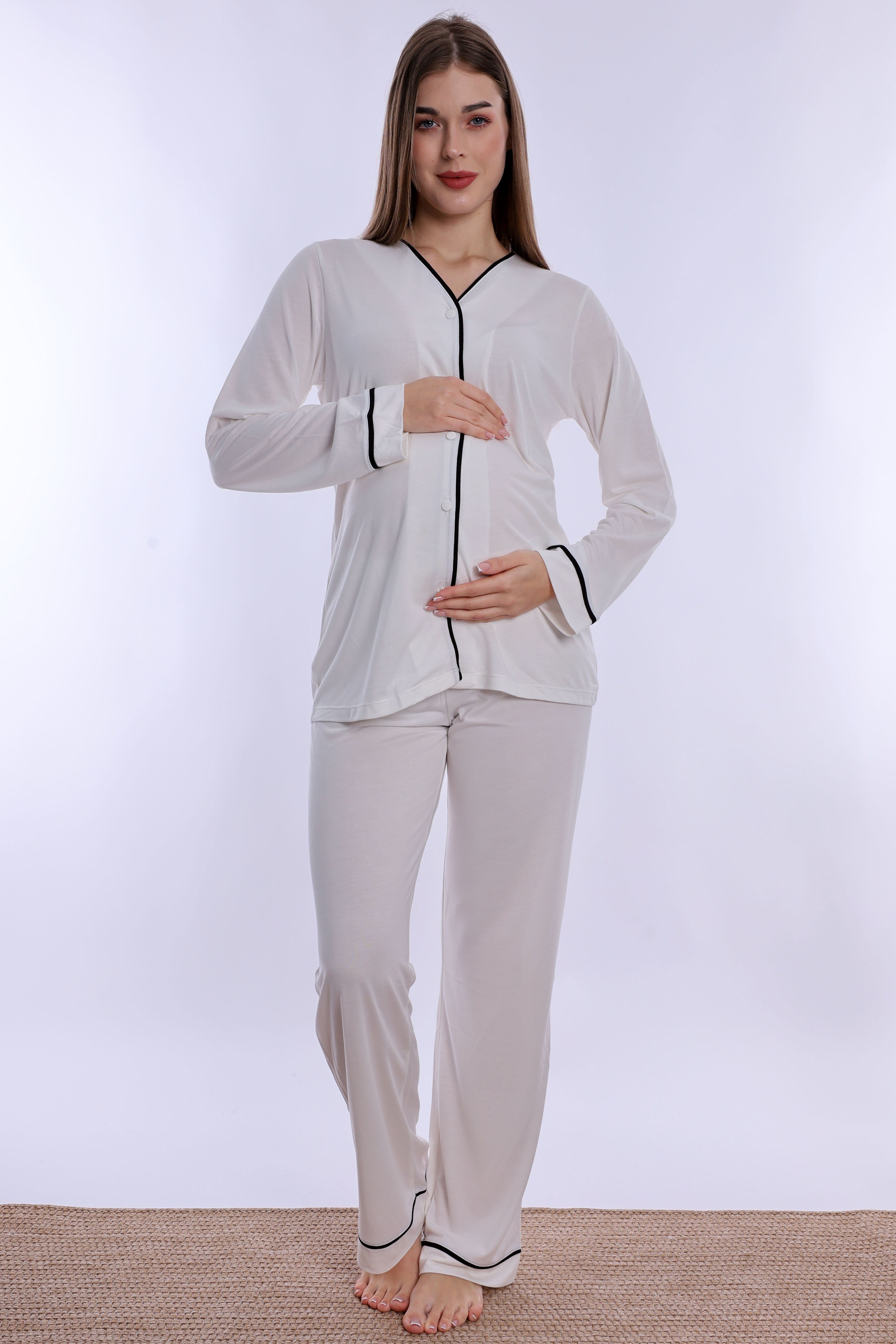 250742 Yumuşak Dokulu Pamuklu Sabahlıklı Hamile Lohusa Pijama Takımı  - Ekru
