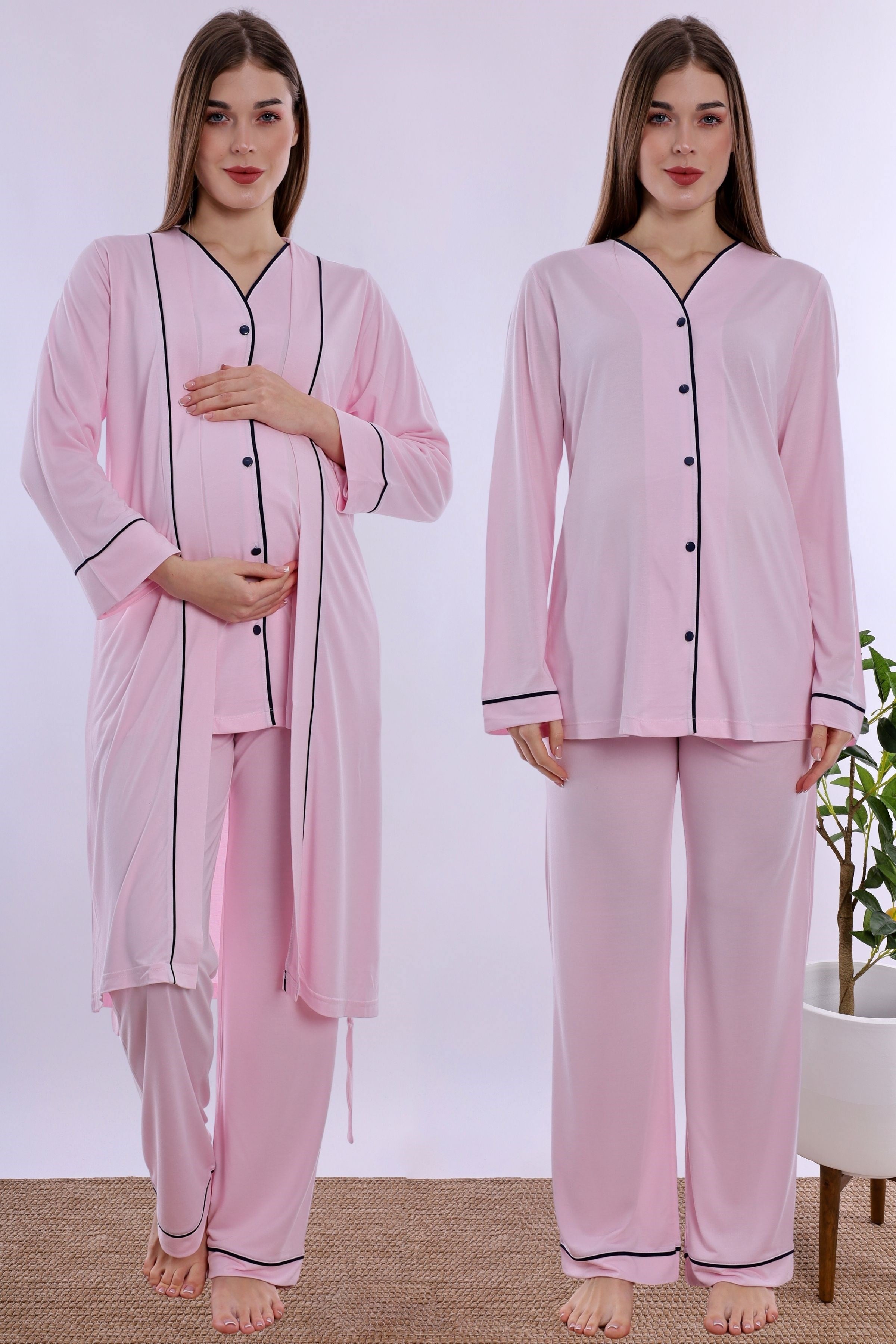 250742 Yumuşak Dokulu Pamuklu Sabahlıklı Hamile Lohusa Pijama Takımı  - Pembe