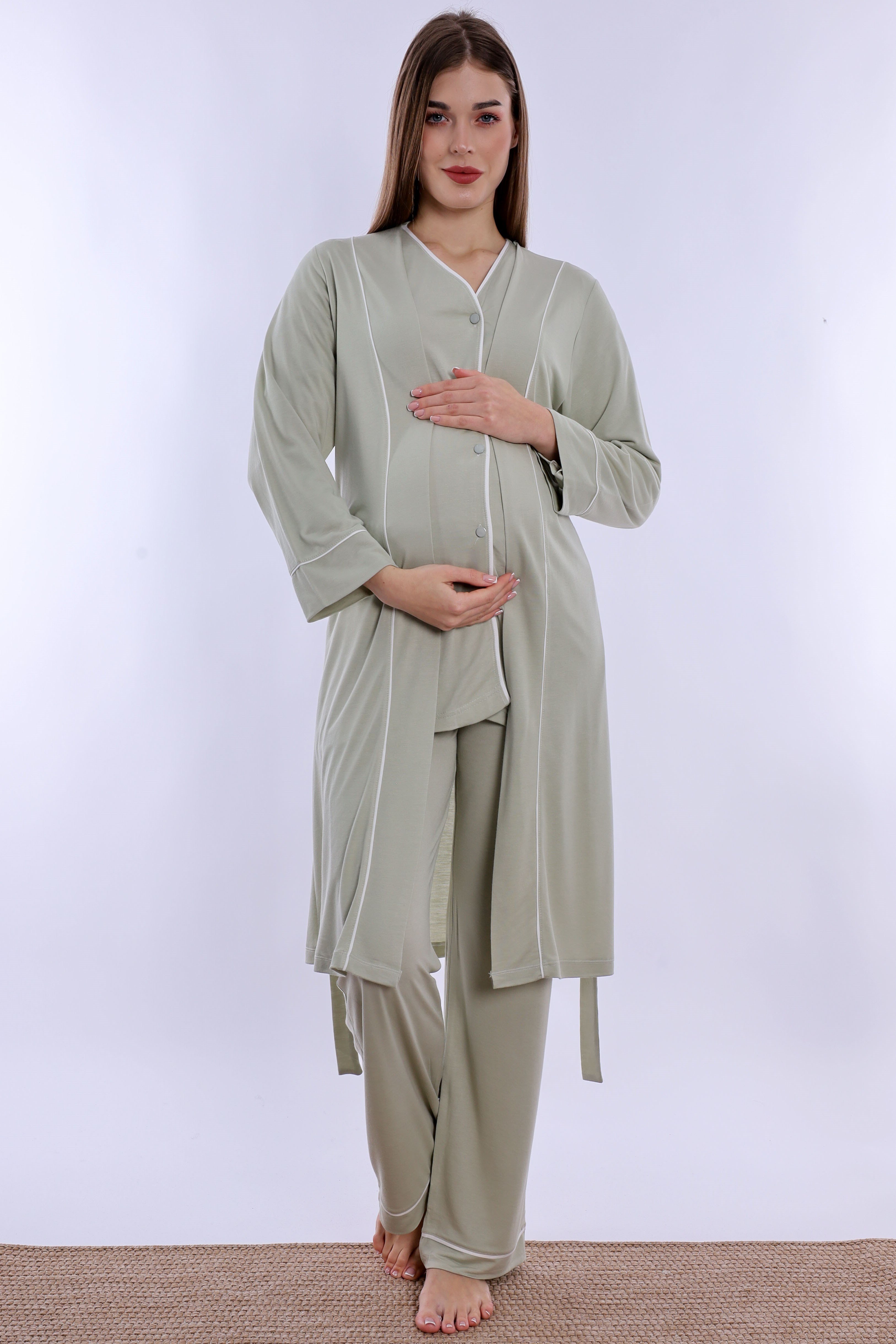 250742 Yumuşak Dokulu Pamuklu Sabahlıklı Hamile Lohusa Pijama Takımı  - Yeşil