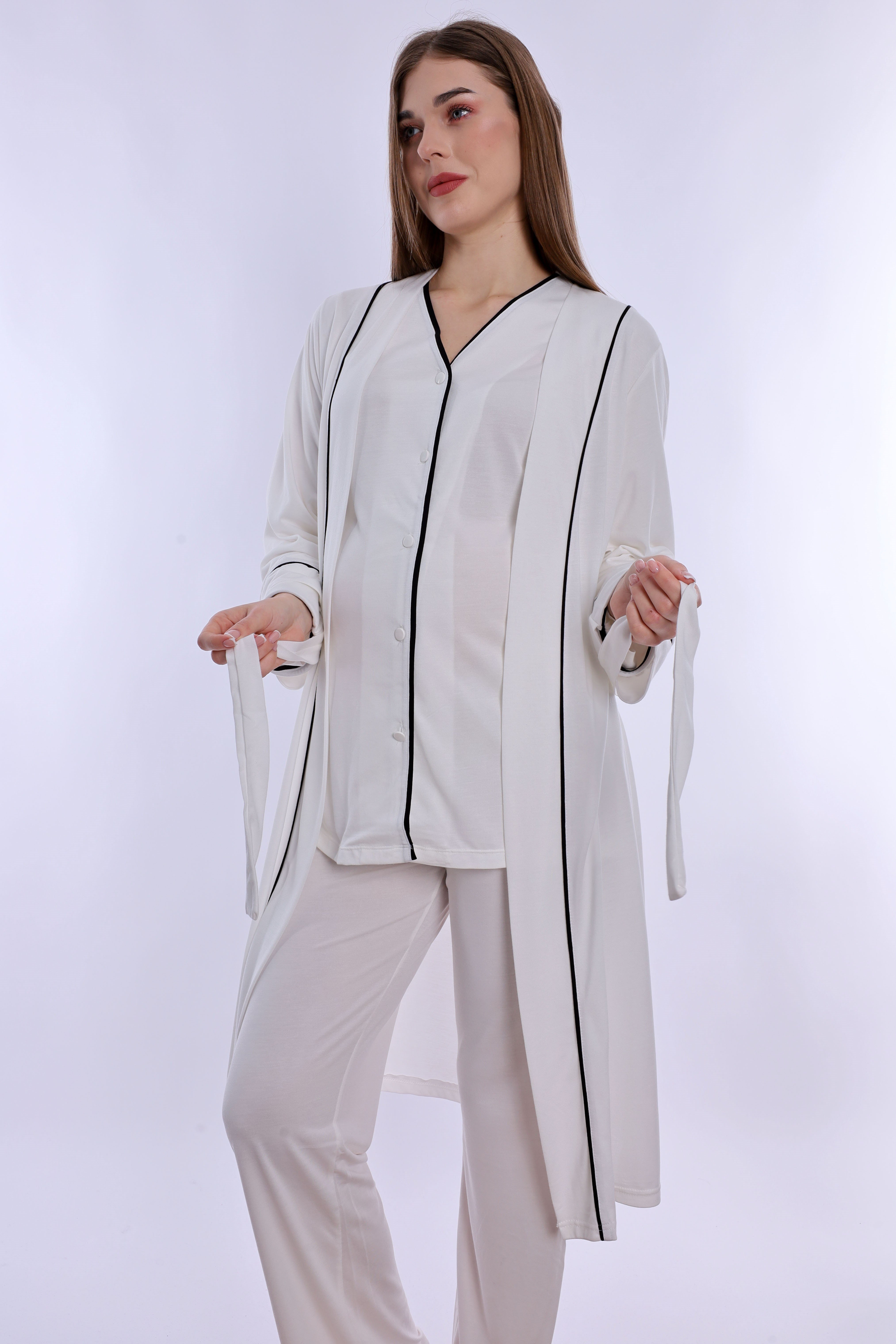 250742 Yumuşak Dokulu Pamuklu Sabahlıklı Hamile Lohusa Pijama Takımı  - Ekru