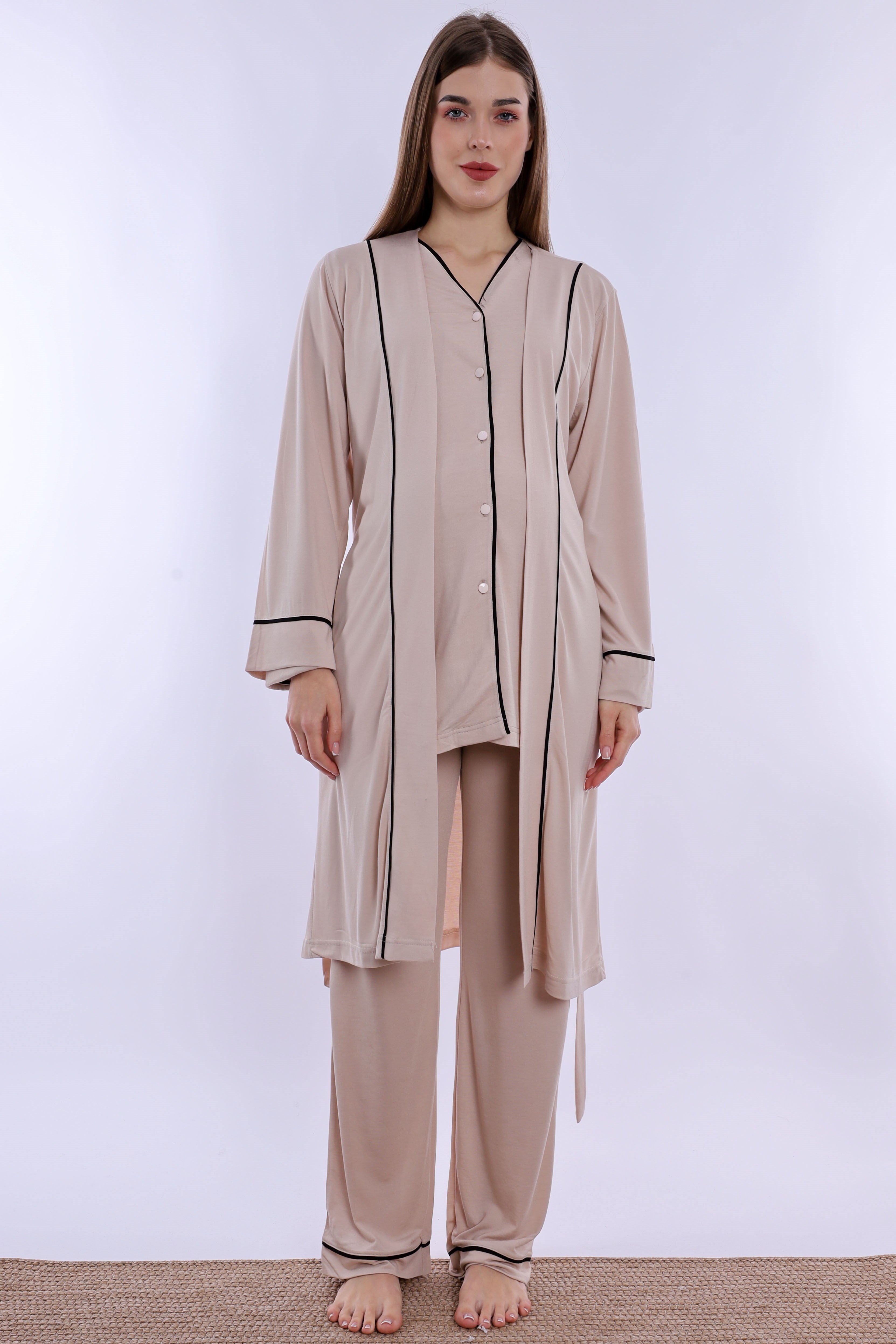 250742 Yumuşak Dokulu Pamuklu Sabahlıklı Hamile Lohusa Pijama Takımı  - Kahve