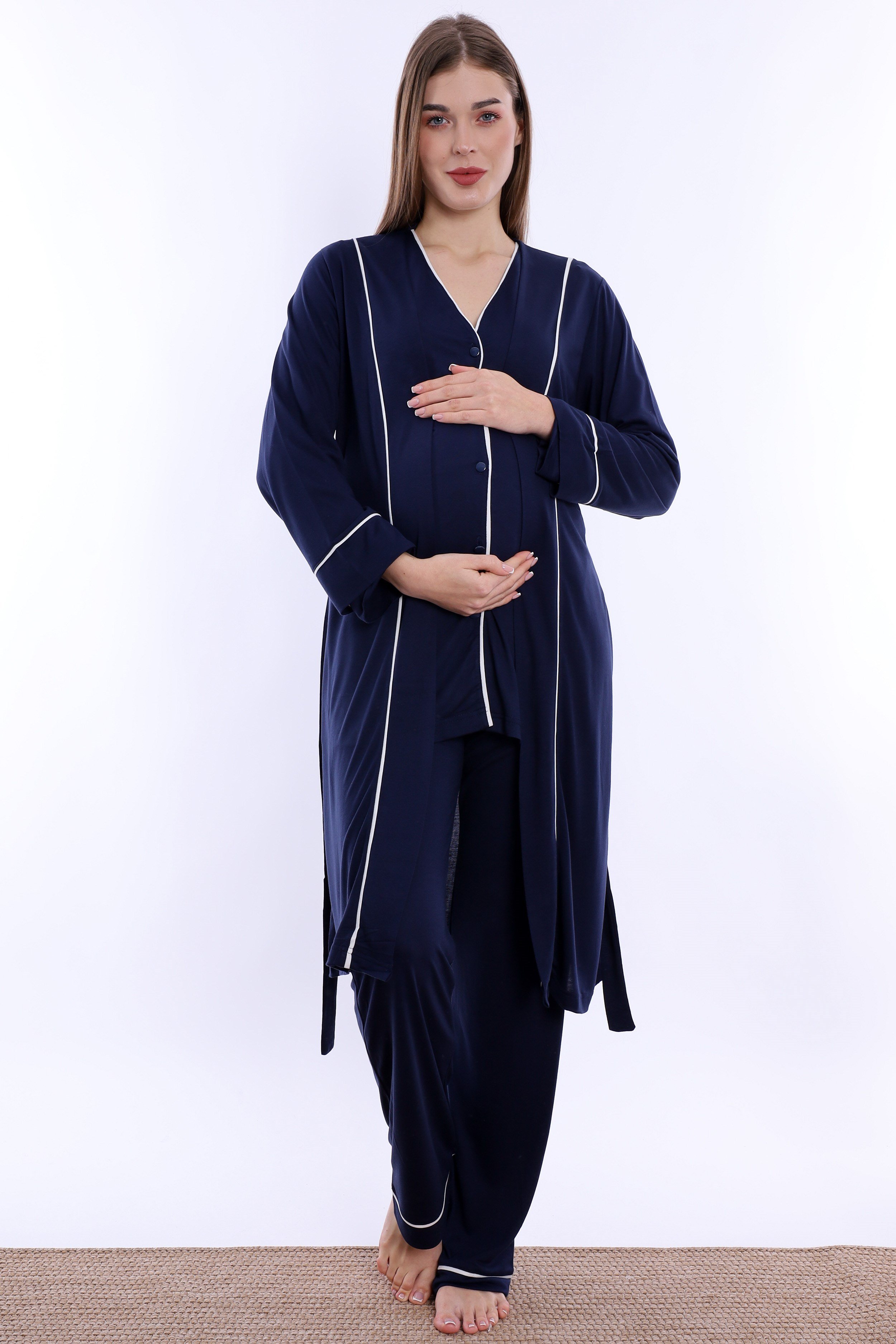 250742 Yumuşak Dokulu Pamuklu Sabahlıklı Hamile Lohusa Pijama Takımı  - Lacivert