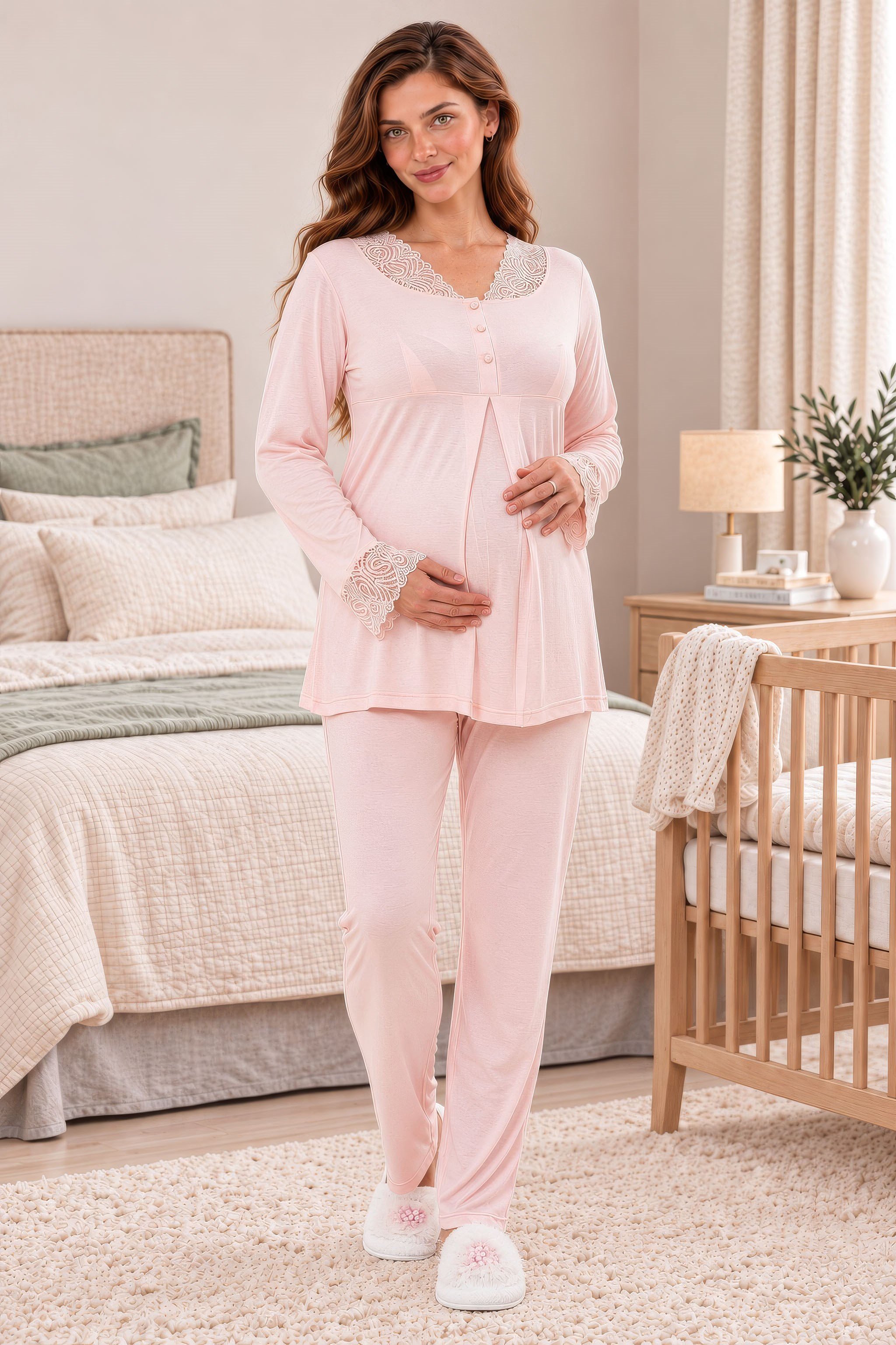 258082 Pembe Ayarlanabilir Bel Detaylı Emzirme Özellikli Hamile Lohusa Pijama Takımı