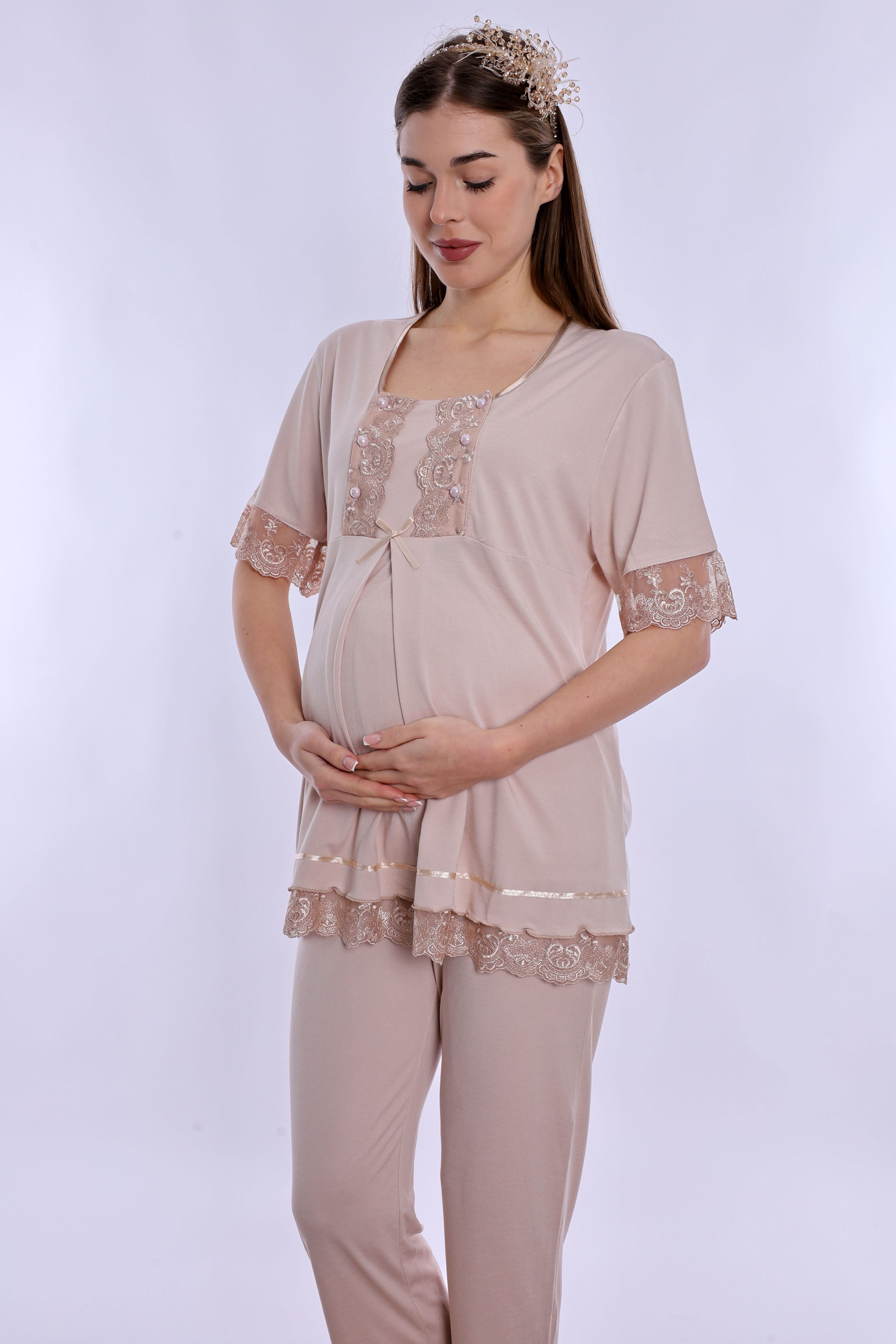 260322 Ayarlanabilir Bel Detaylı Emzirme Özellikli Hamile Lohusa Pijama Takımı  - Bej