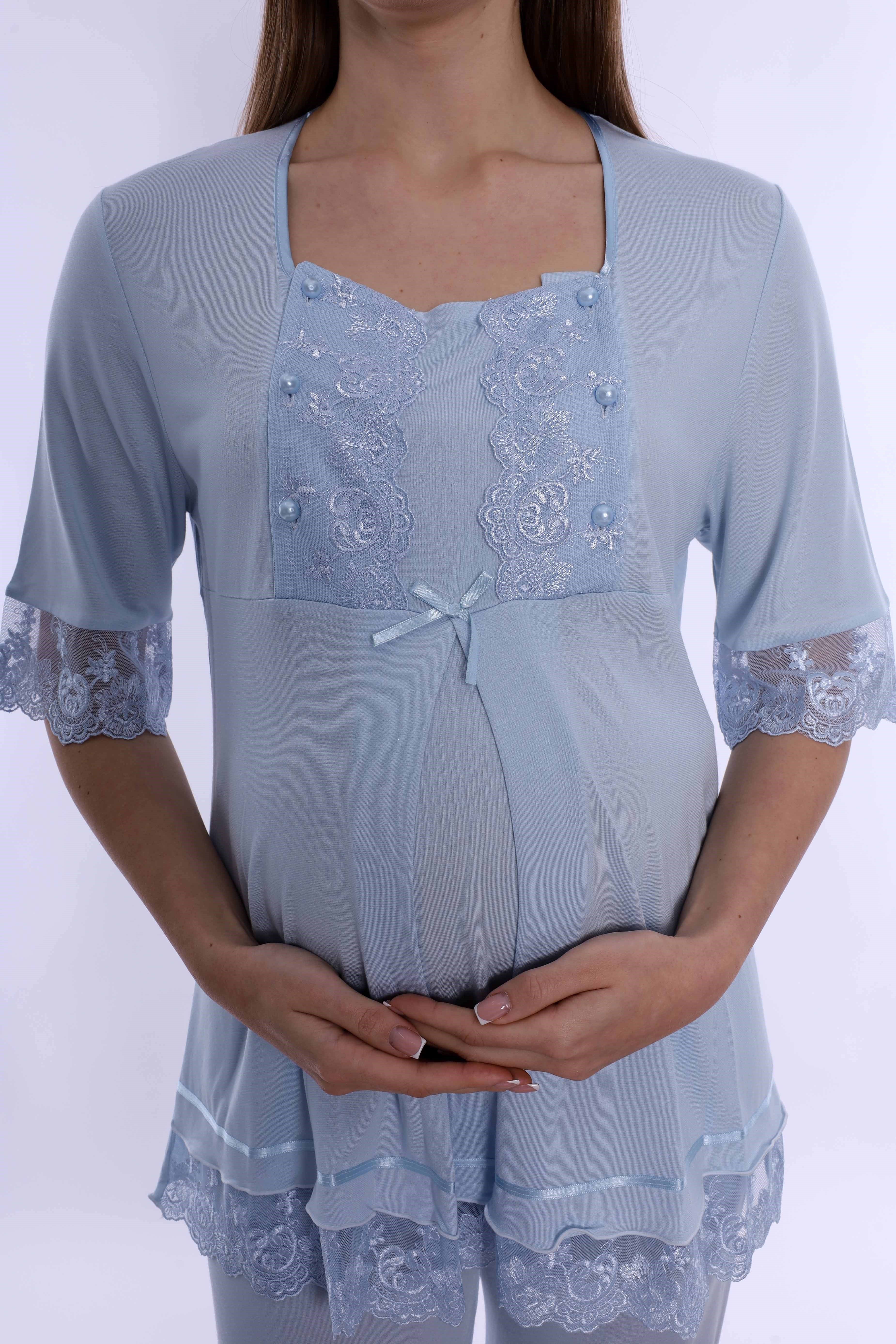 260322 Ayarlanabilir Bel Detaylı Emzirme Özellikli Hamile Lohusa Pijama Takımı  - Mavi