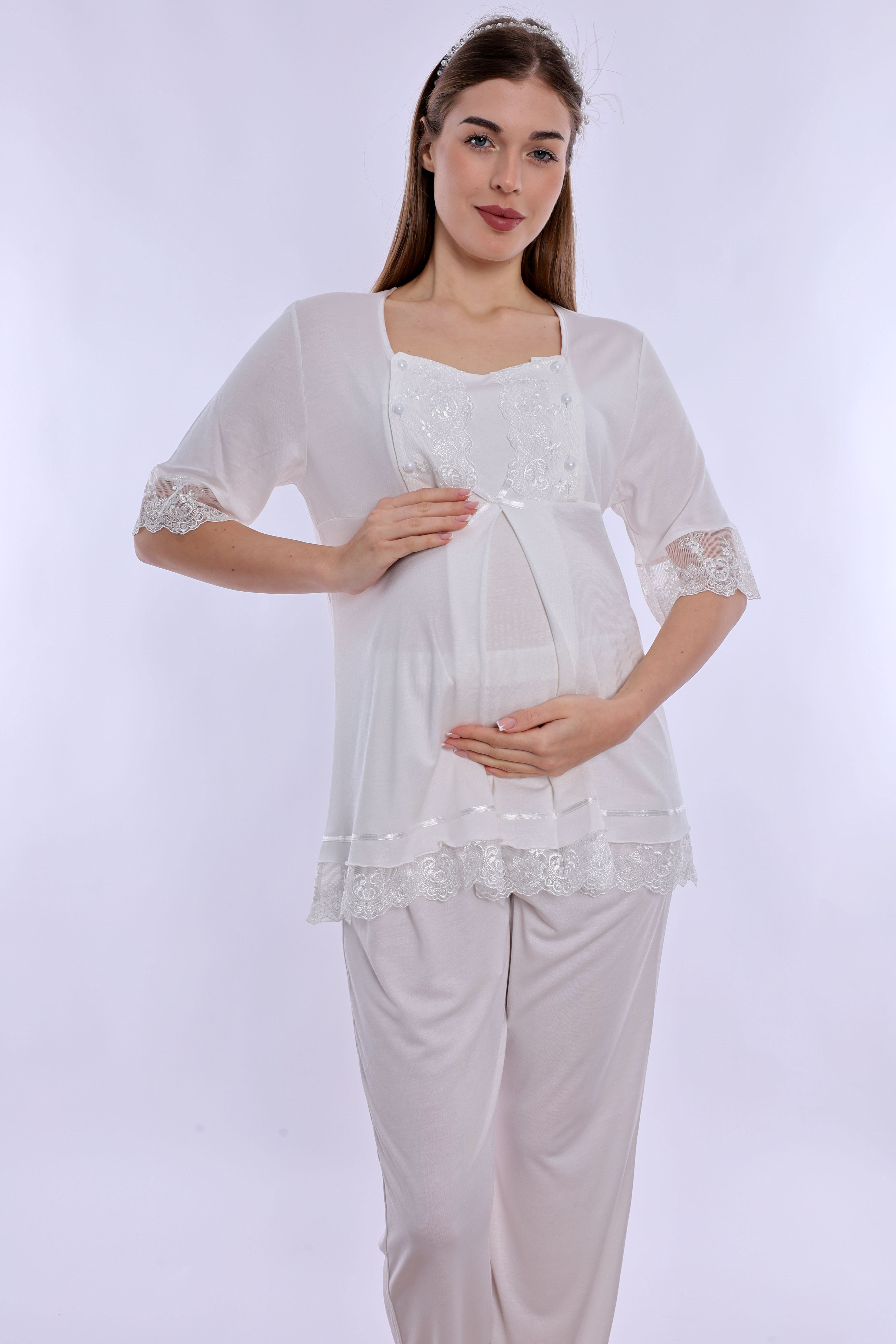 260322 Ayarlanabilir Bel Detaylı Emzirme Özellikli Hamile Lohusa Pijama Takımı  - Ekru