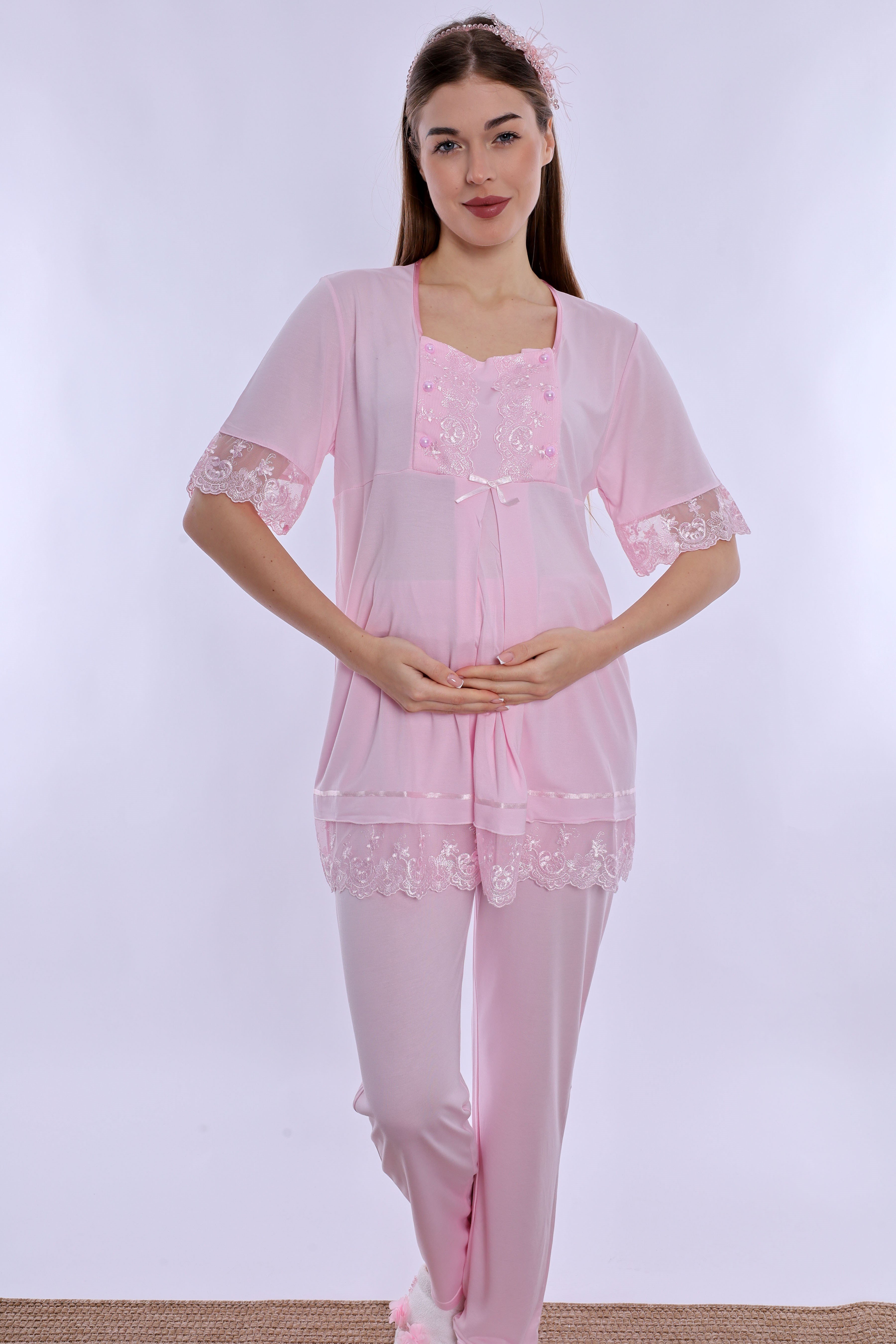 260322 Ayarlanabilir Bel Detaylı Emzirme Özellikli Hamile Lohusa Pijama Takımı  - Pembe