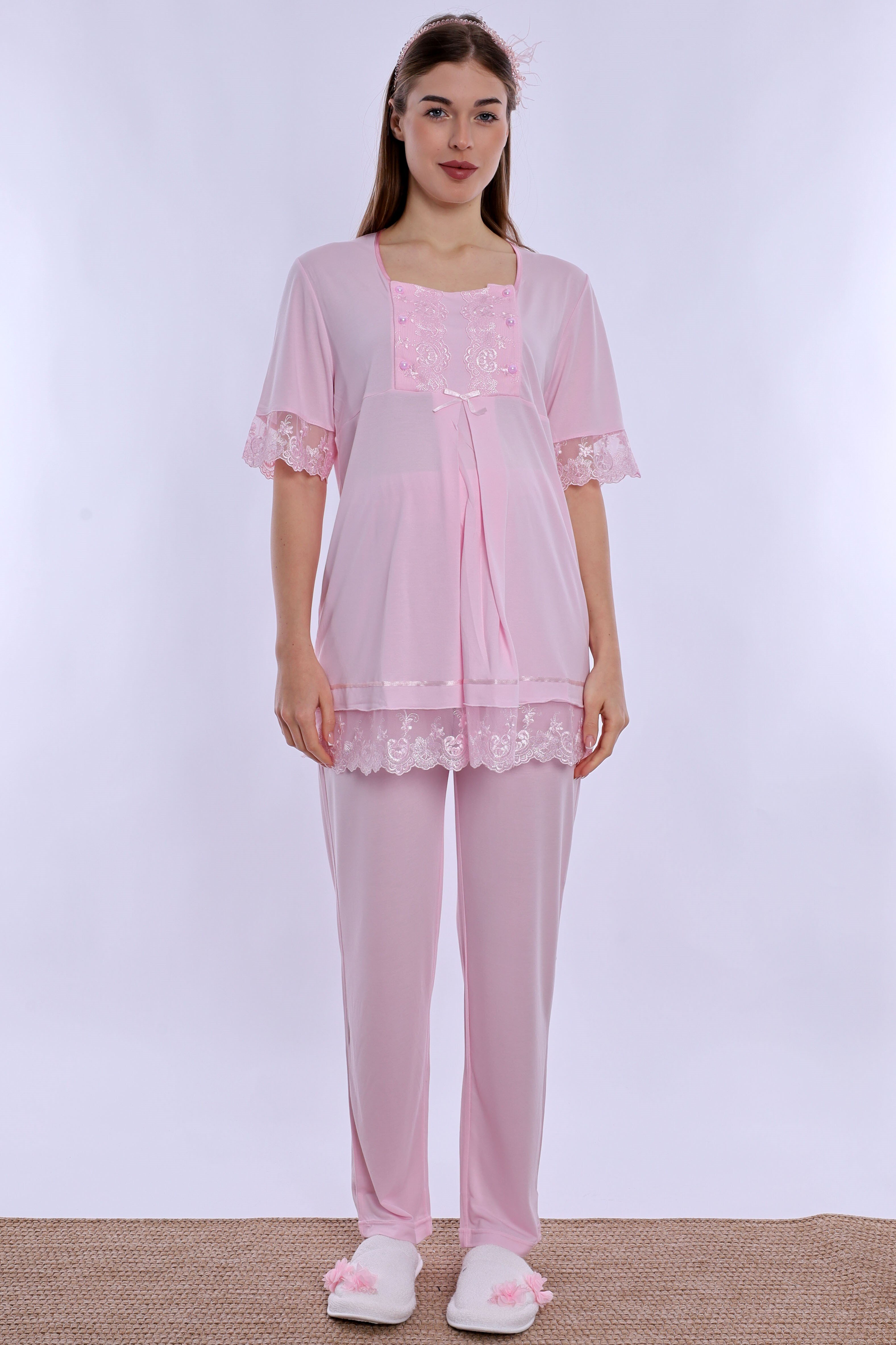 260322 Ayarlanabilir Bel Detaylı Emzirme Özellikli Hamile Lohusa Pijama Takımı  - Pembe