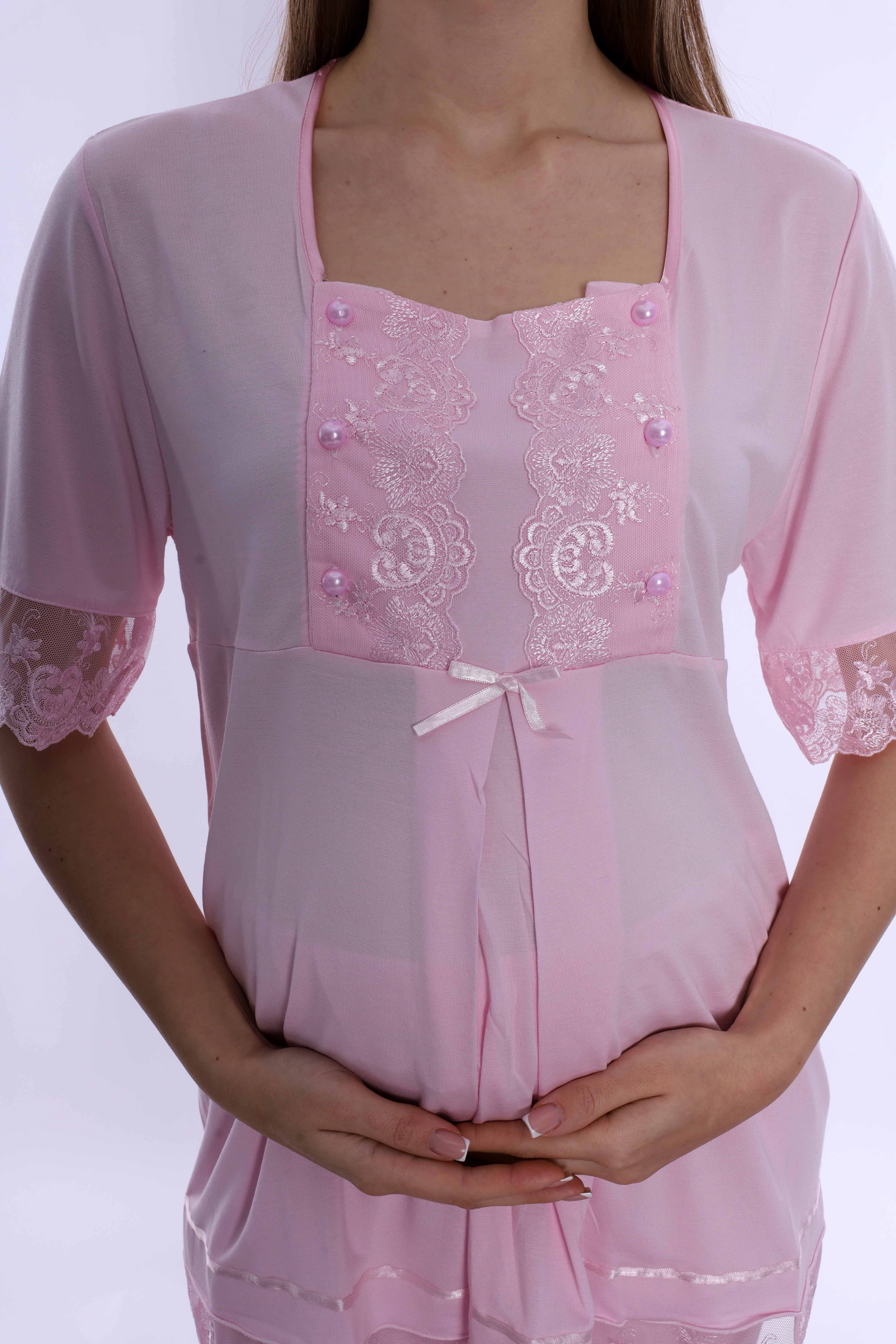 260322 Ayarlanabilir Bel Detaylı Emzirme Özellikli Hamile Lohusa Pijama Takımı  - Pembe