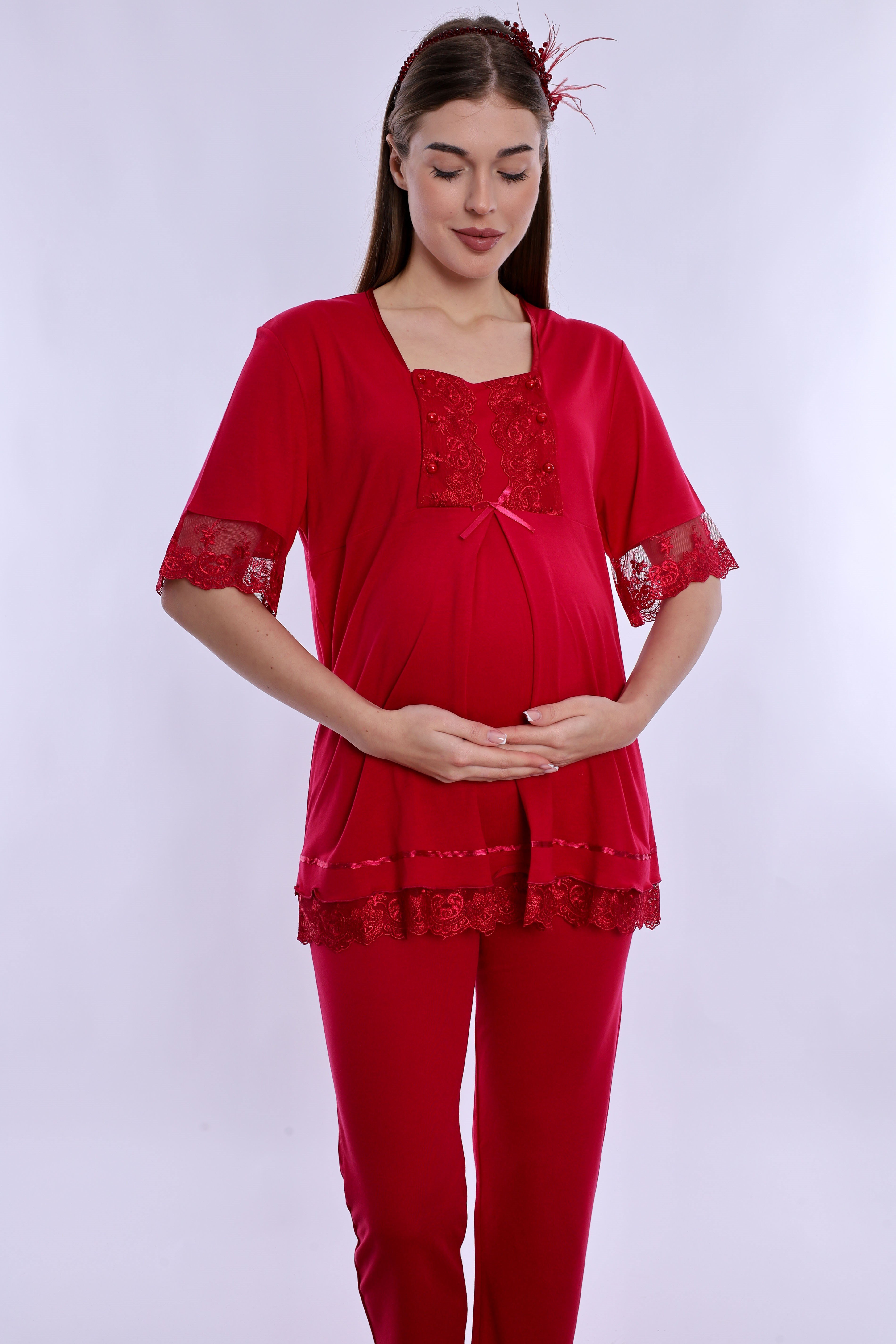 260322 Ayarlanabilir Bel Detaylı Emzirme Özellikli Hamile Lohusa Pijama Takımı  - Vişne