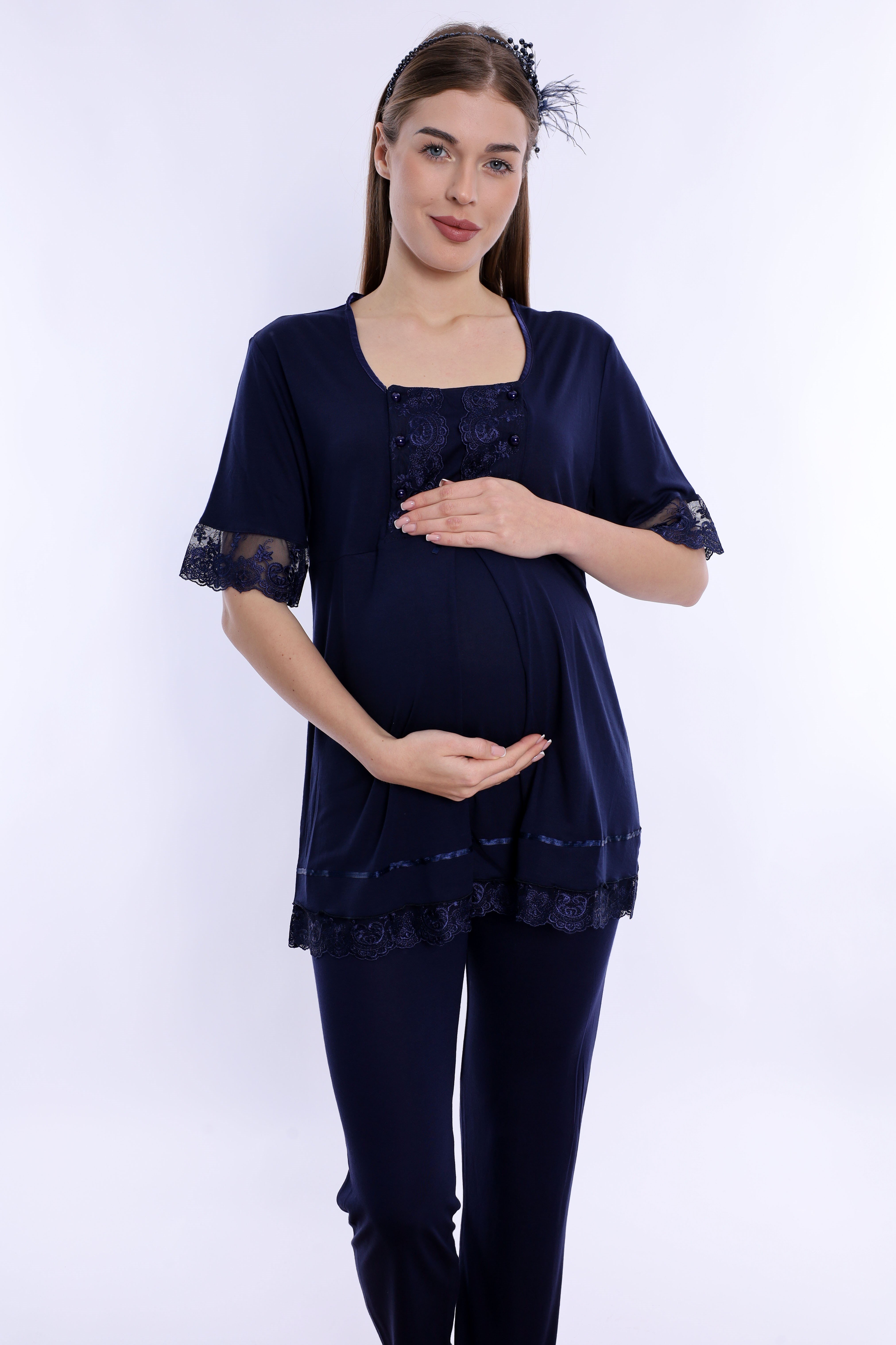 260322 Ayarlanabilir Bel Detaylı Emzirme Özellikli Hamile Lohusa Pijama Takımı  - Lacivert