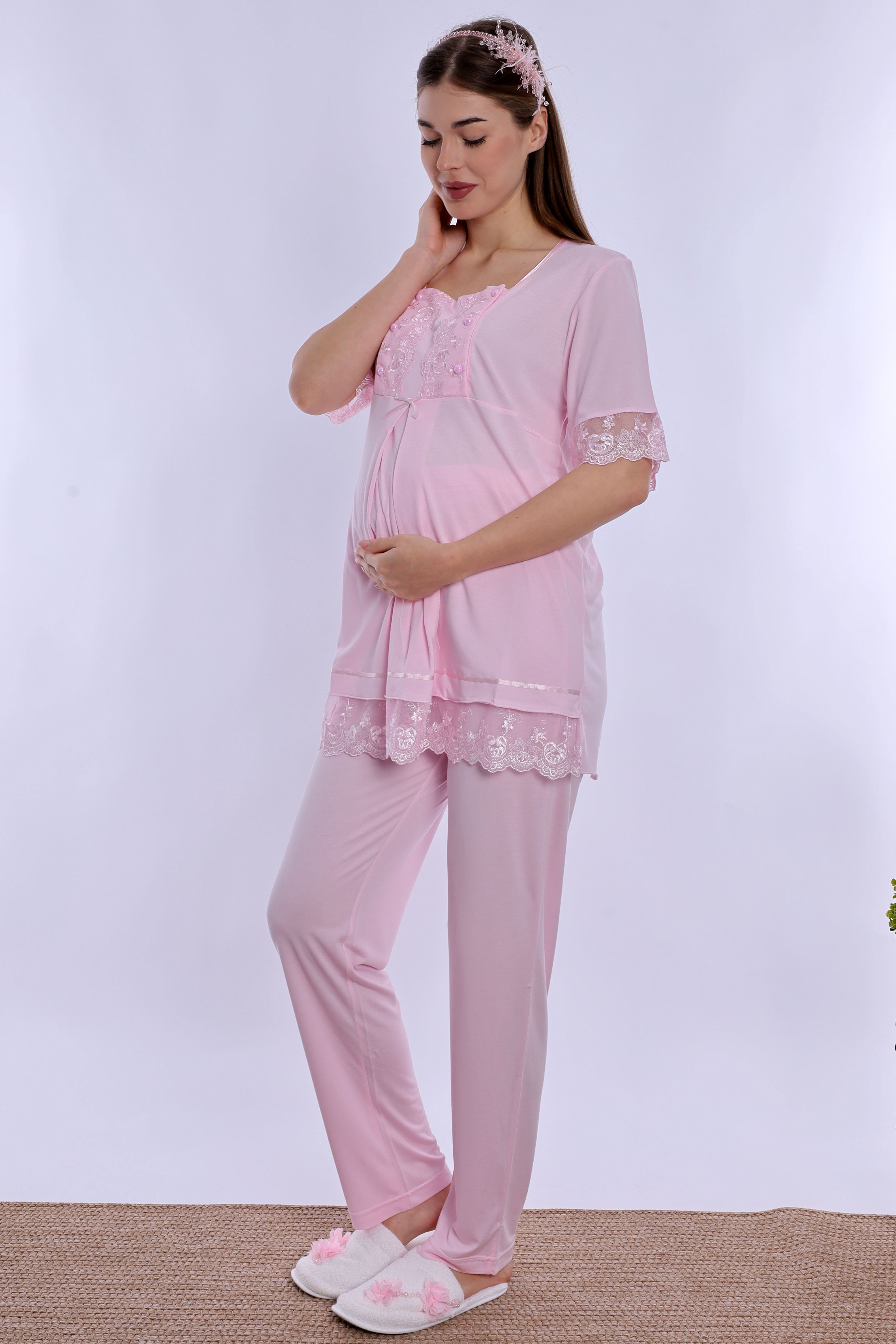 260322 Ayarlanabilir Bel Detaylı Emzirme Özellikli Hamile Lohusa Pijama Takımı  - Pembe