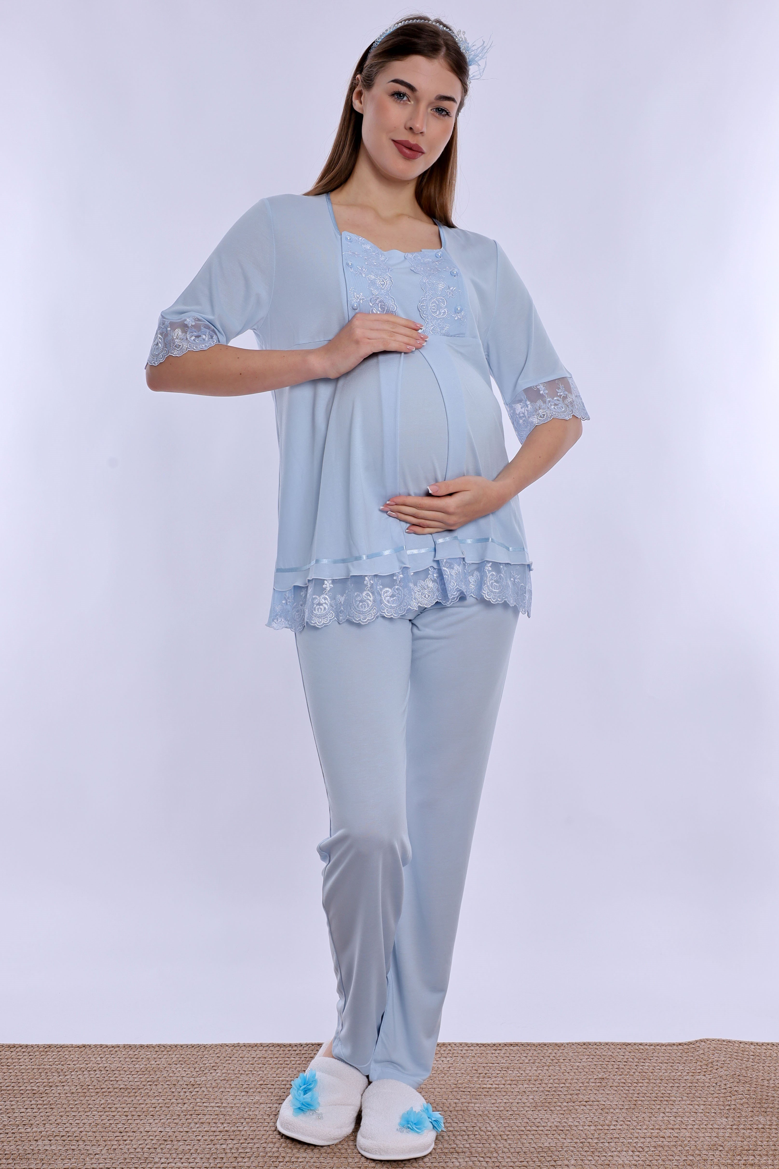 260322 Ayarlanabilir Bel Detaylı Emzirme Özellikli Hamile Lohusa Pijama Takımı  - Mavi