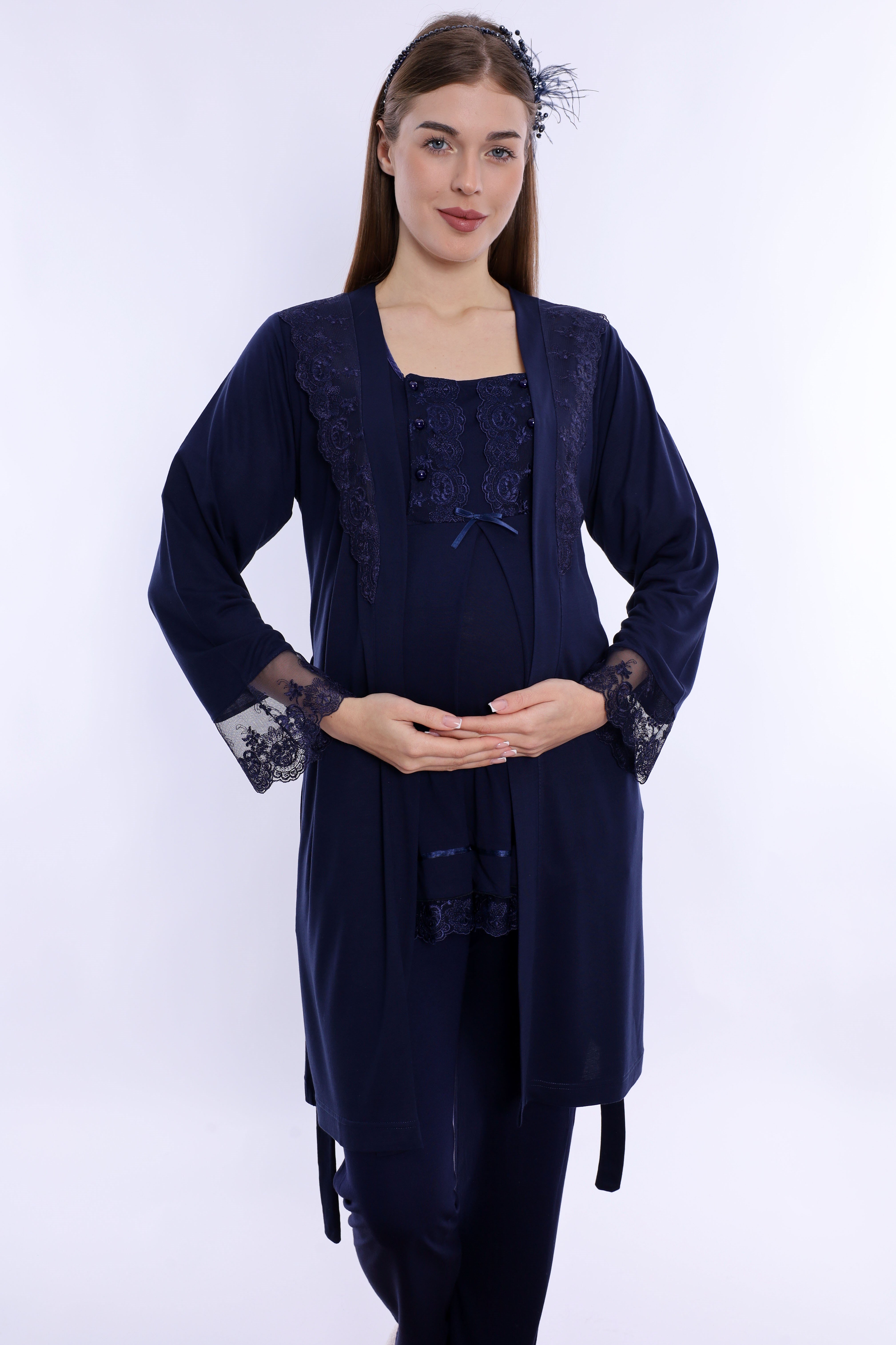 260342 Ayarlanabilir Bel Lastikli Sabahlıklı Hamile Lohusa Pijama Takımı  - Lacivert