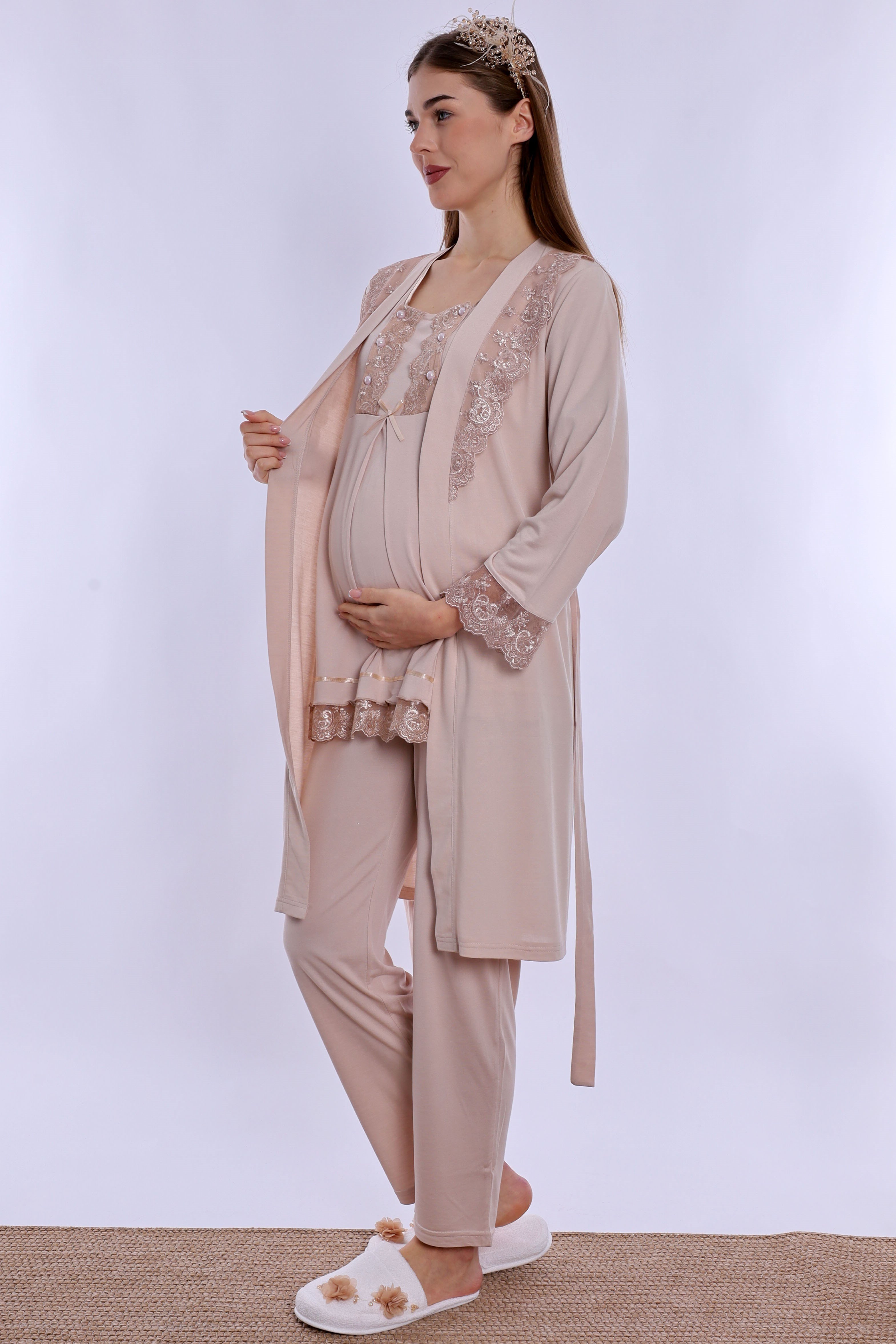 260342 Ayarlanabilir Bel Lastikli Sabahlıklı Hamile Lohusa Pijama Takımı  - Bej