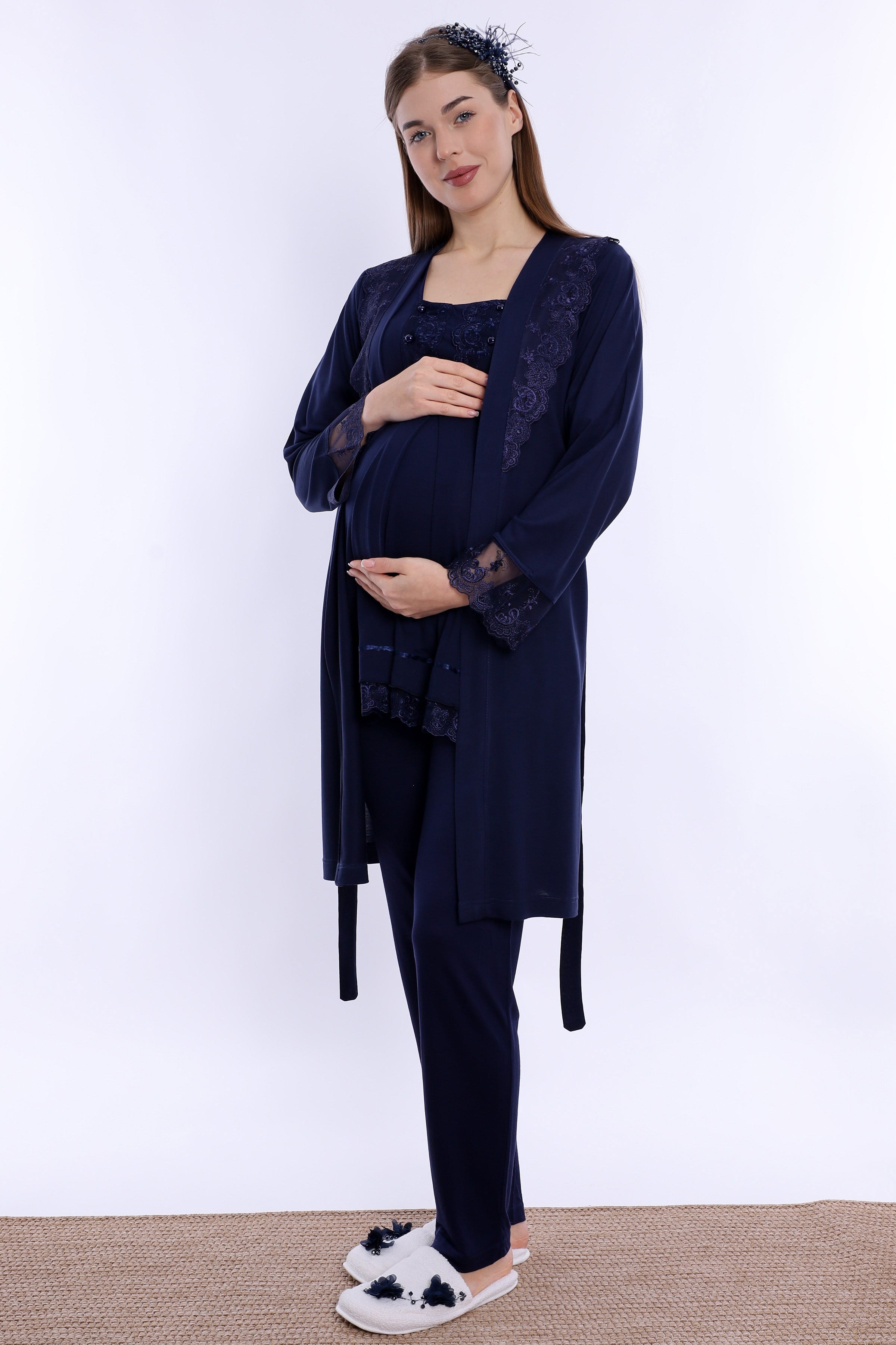 260342 Ayarlanabilir Bel Lastikli Sabahlıklı Hamile Lohusa Pijama Takımı  - Lacivert