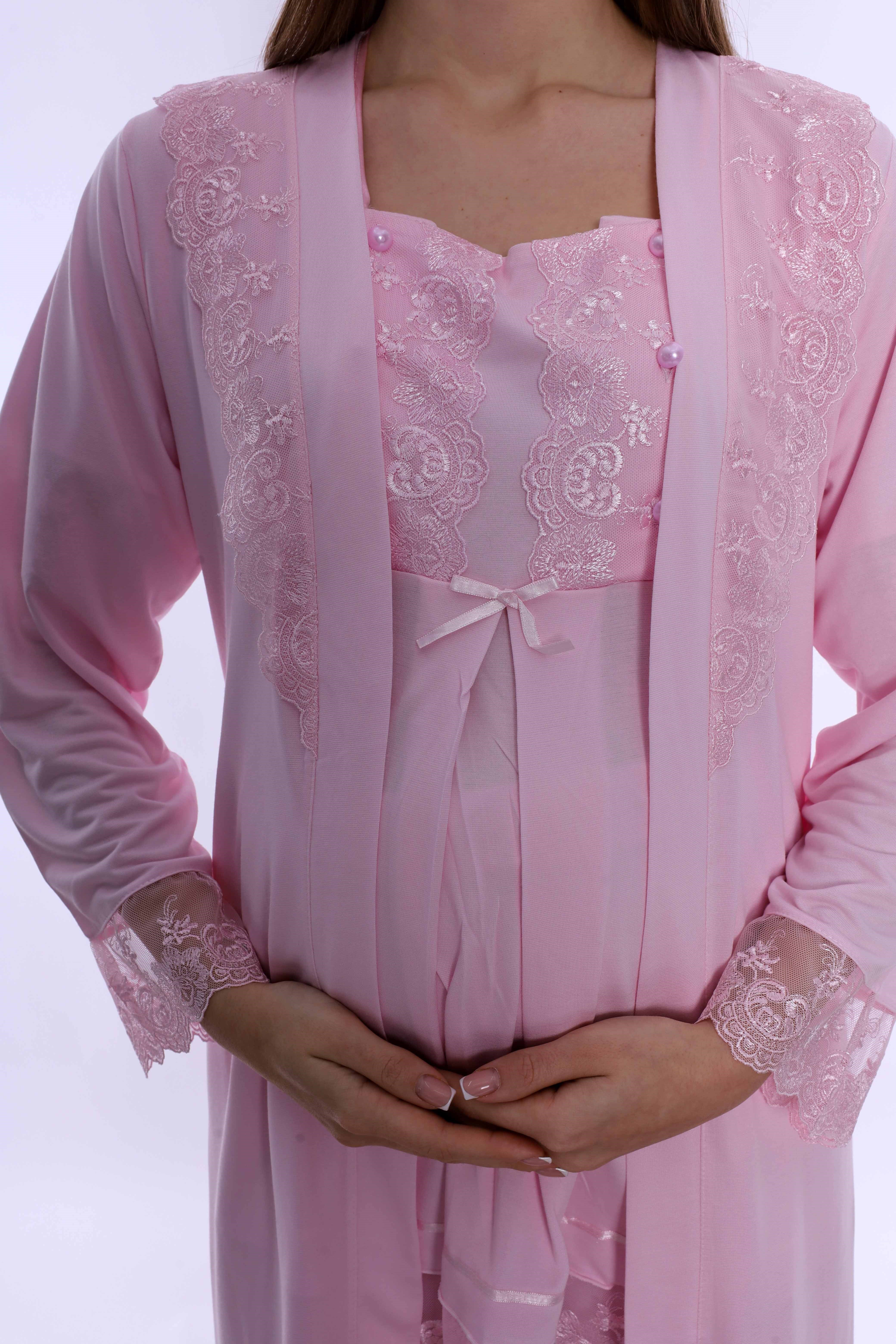 260342 Ayarlanabilir Bel Lastikli Sabahlıklı Hamile Lohusa Pijama Takımı  - Pembe