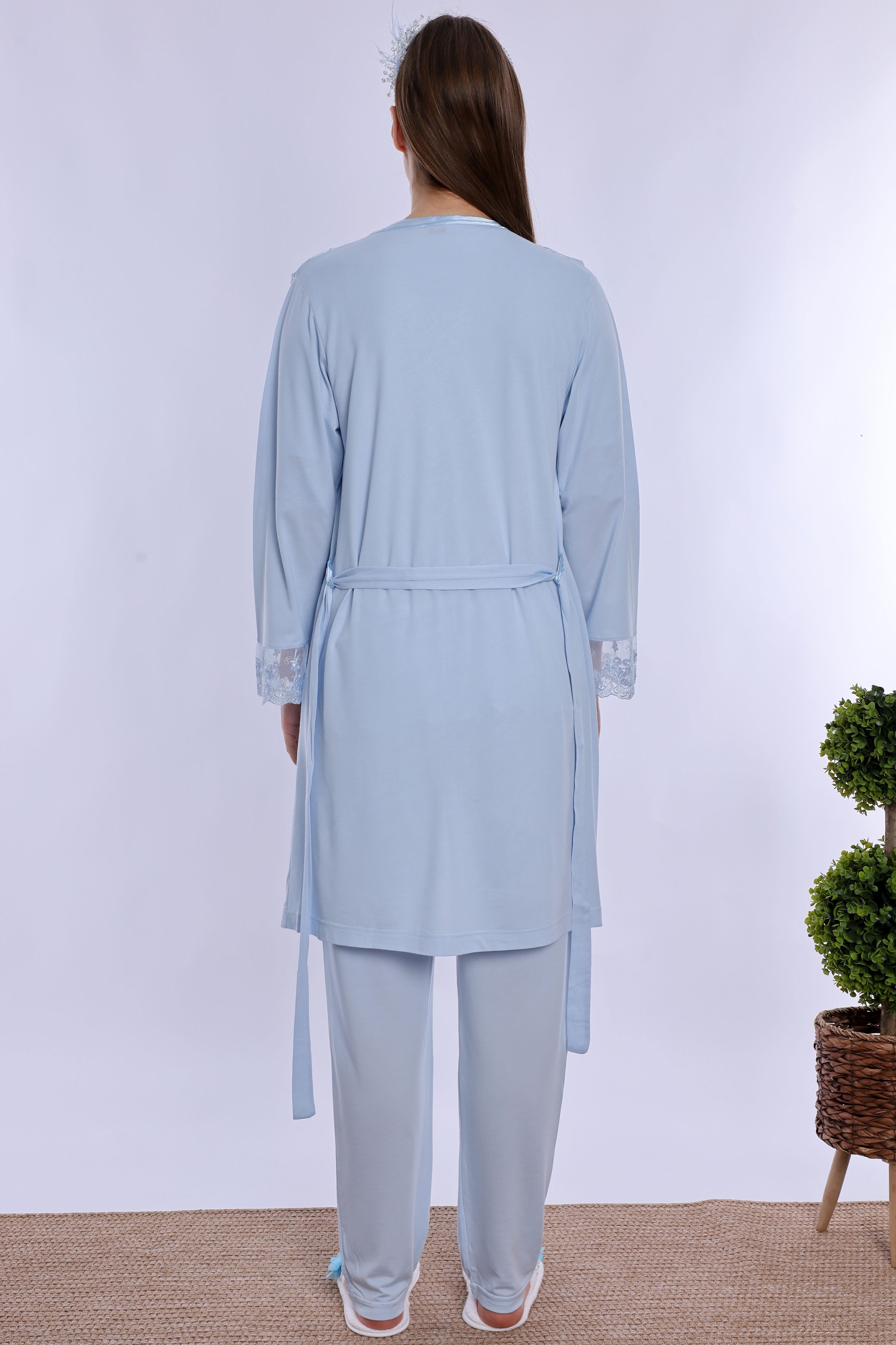 260342 Ayarlanabilir Bel Lastikli Sabahlıklı Hamile Lohusa Pijama Takımı  - Mavi