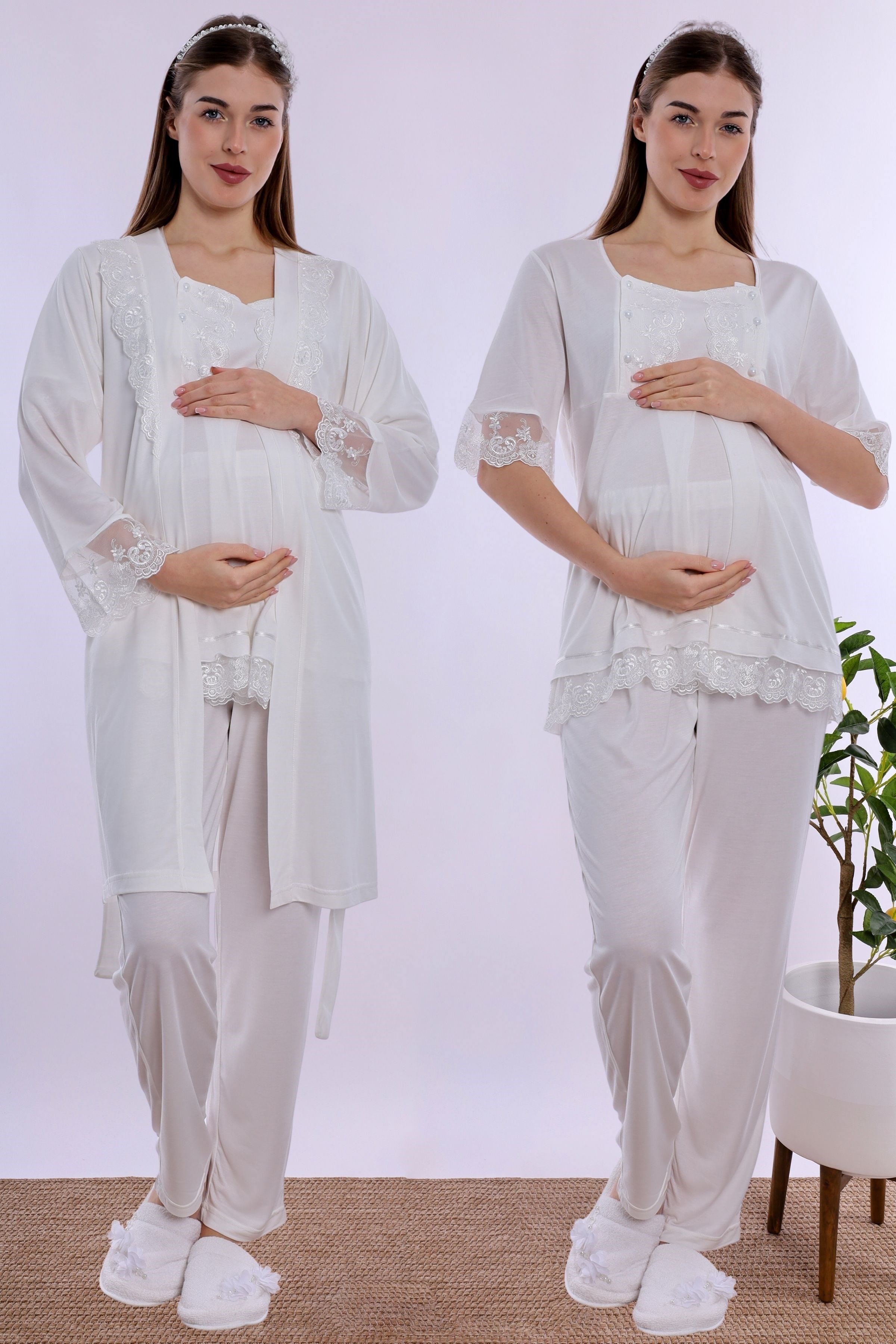 260342 Ayarlanabilir Bel Lastikli Sabahlıklı Hamile Lohusa Pijama Takımı  - Ekru