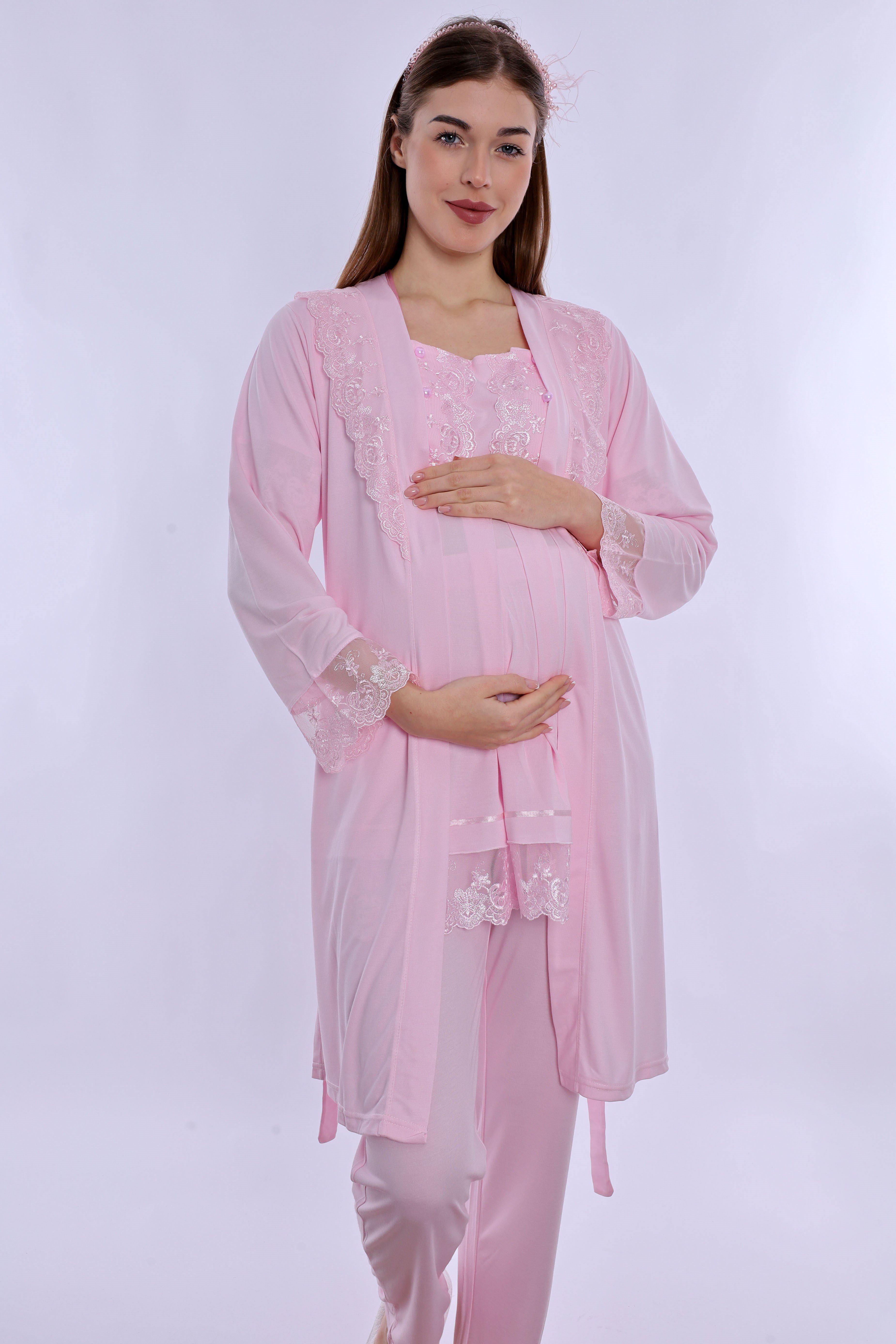 260342 Ayarlanabilir Bel Lastikli Sabahlıklı Hamile Lohusa Pijama Takımı  - Pembe