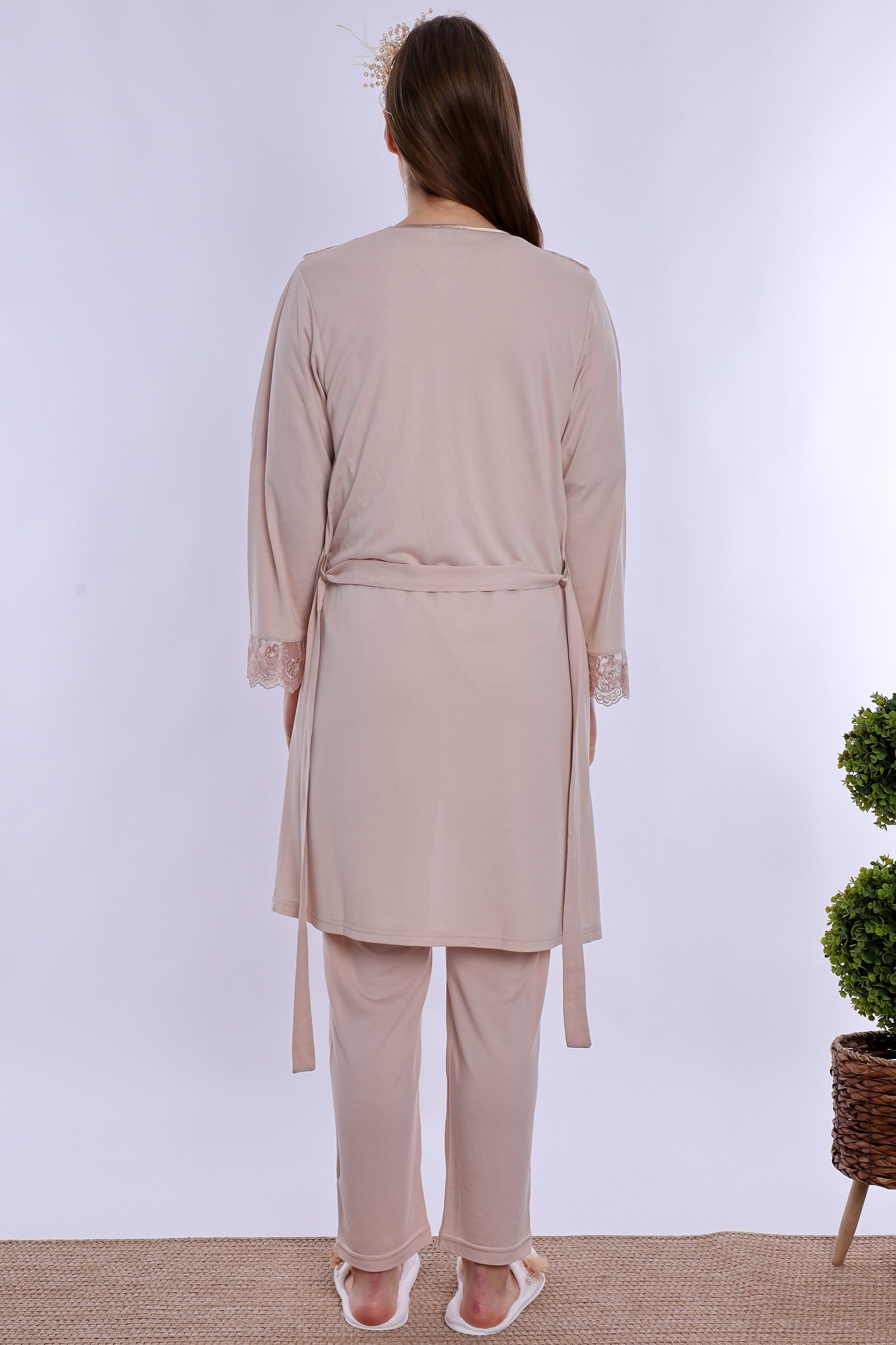 260342 Ayarlanabilir Bel Lastikli Sabahlıklı Hamile Lohusa Pijama Takımı  - Bej