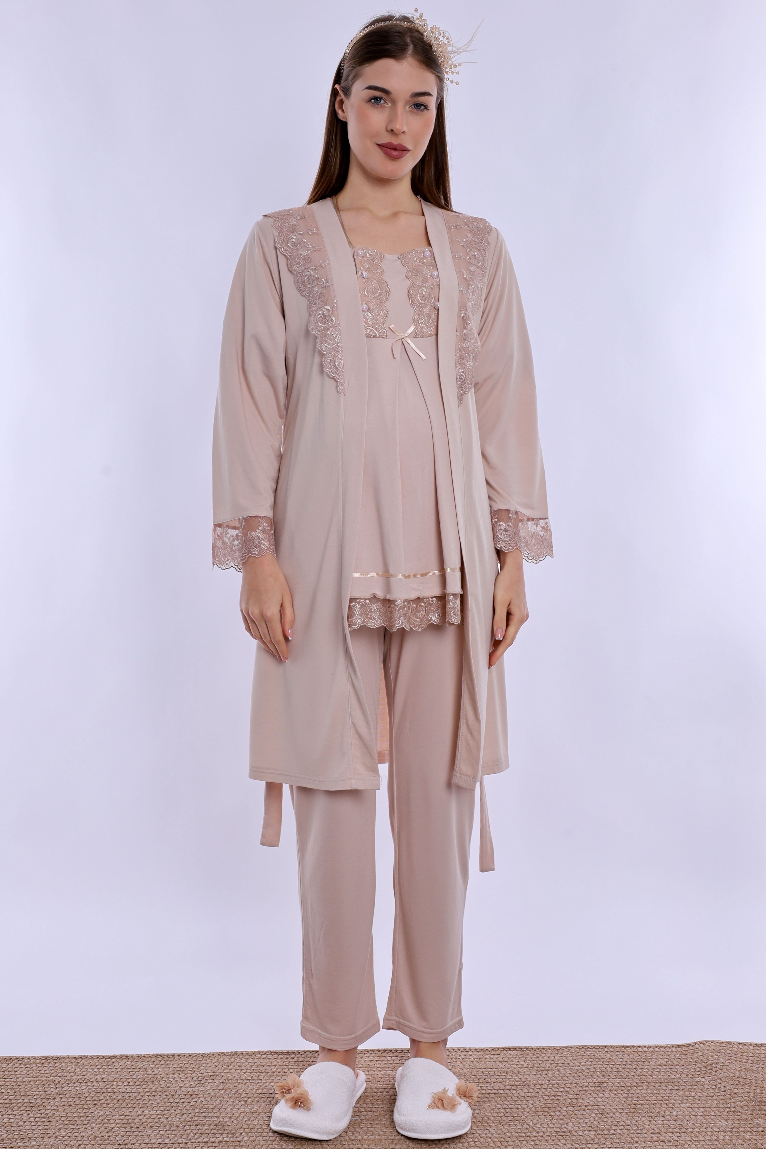 260342 Ayarlanabilir Bel Lastikli Sabahlıklı Hamile Lohusa Pijama Takımı  - Bej