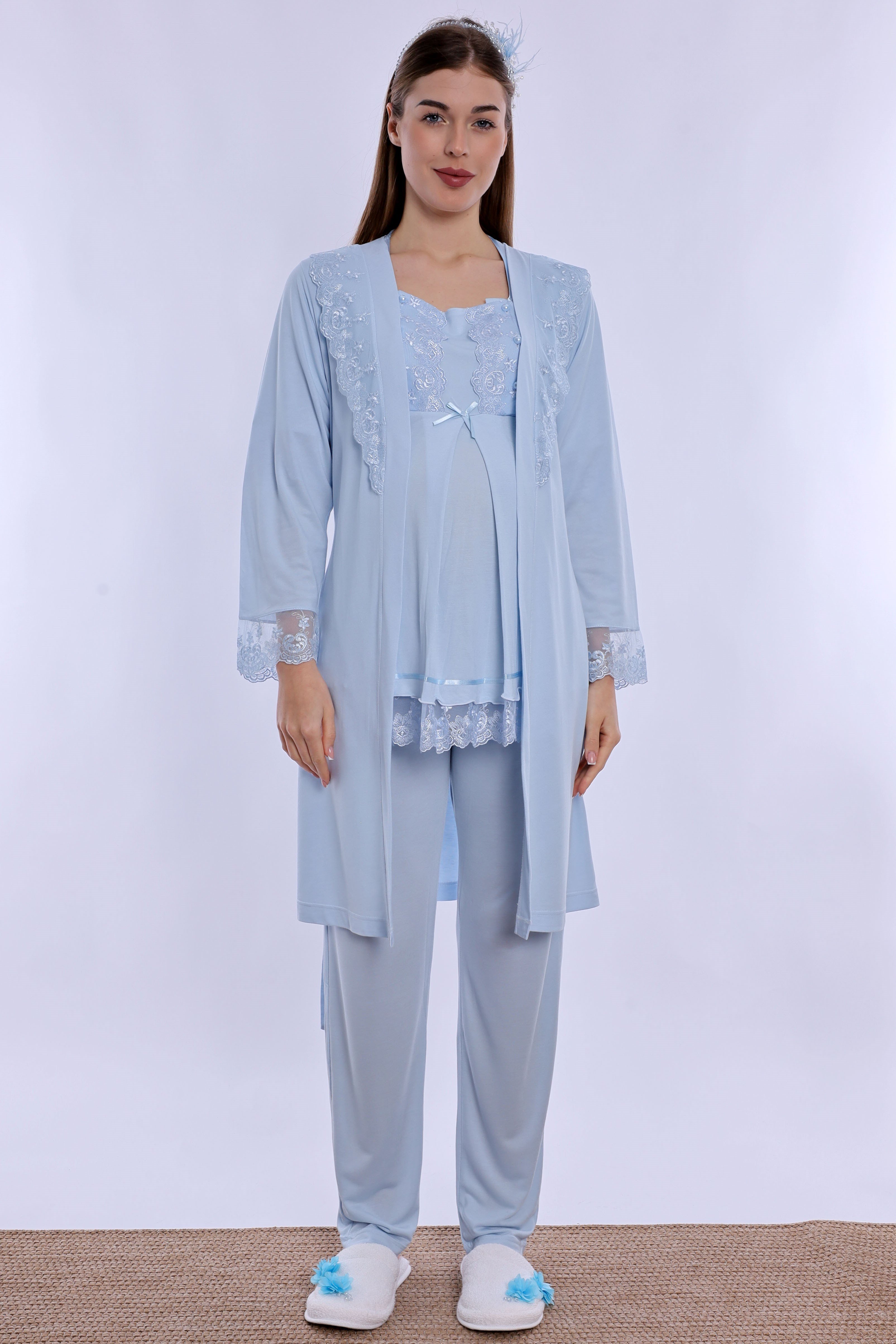 260342 Ayarlanabilir Bel Lastikli Sabahlıklı Hamile Lohusa Pijama Takımı  - Mavi