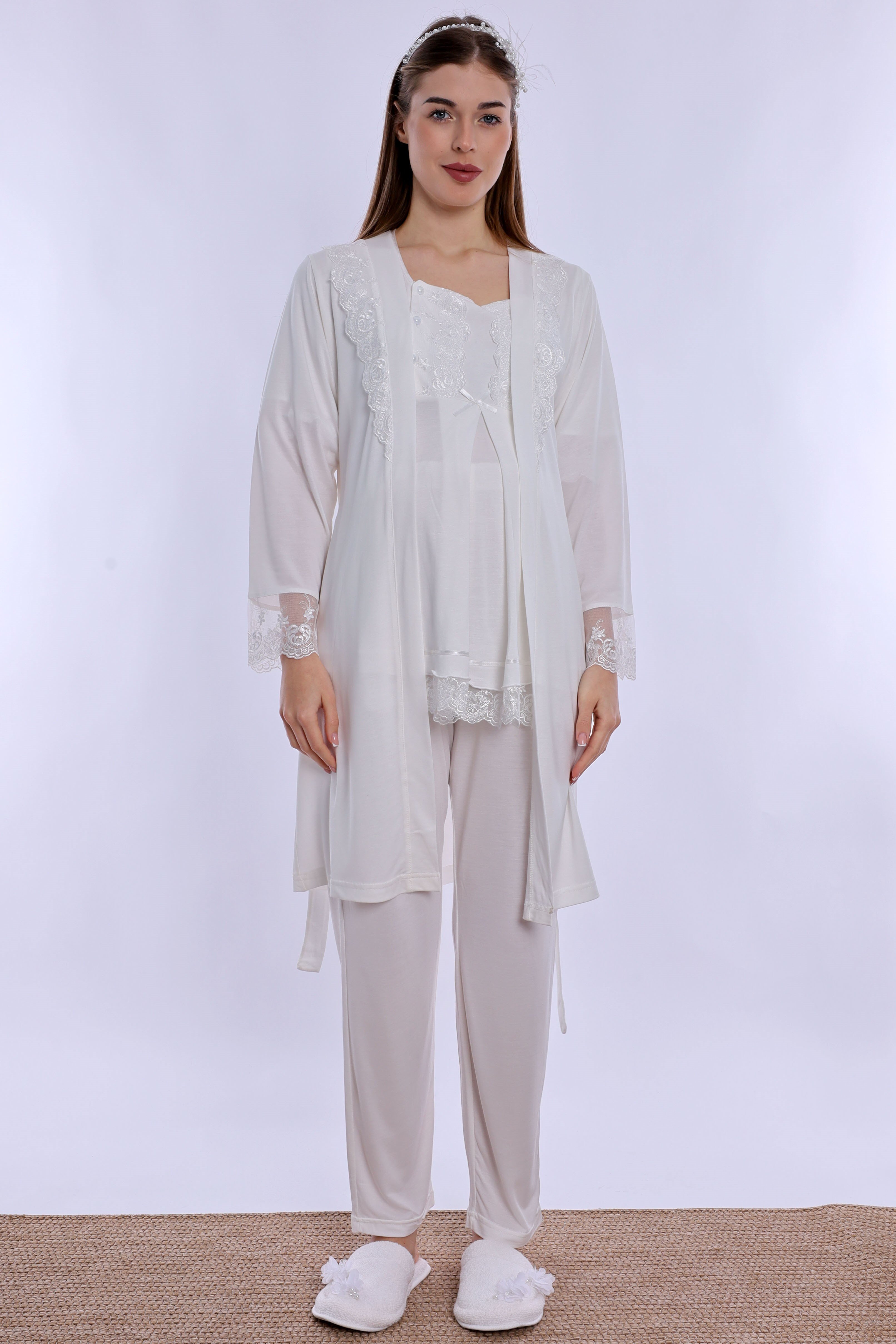 260342 Ayarlanabilir Bel Lastikli Sabahlıklı Hamile Lohusa Pijama Takımı  - Ekru