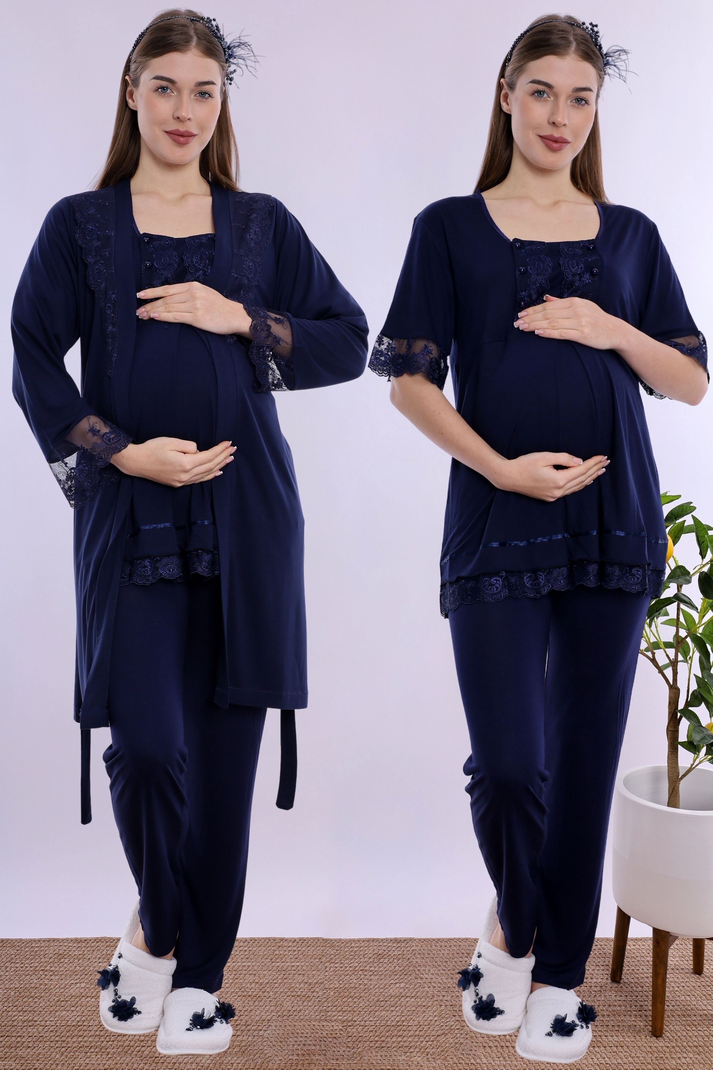 260342 Ayarlanabilir Bel Lastikli Sabahlıklı Hamile Lohusa Pijama Takımı  - Lacivert