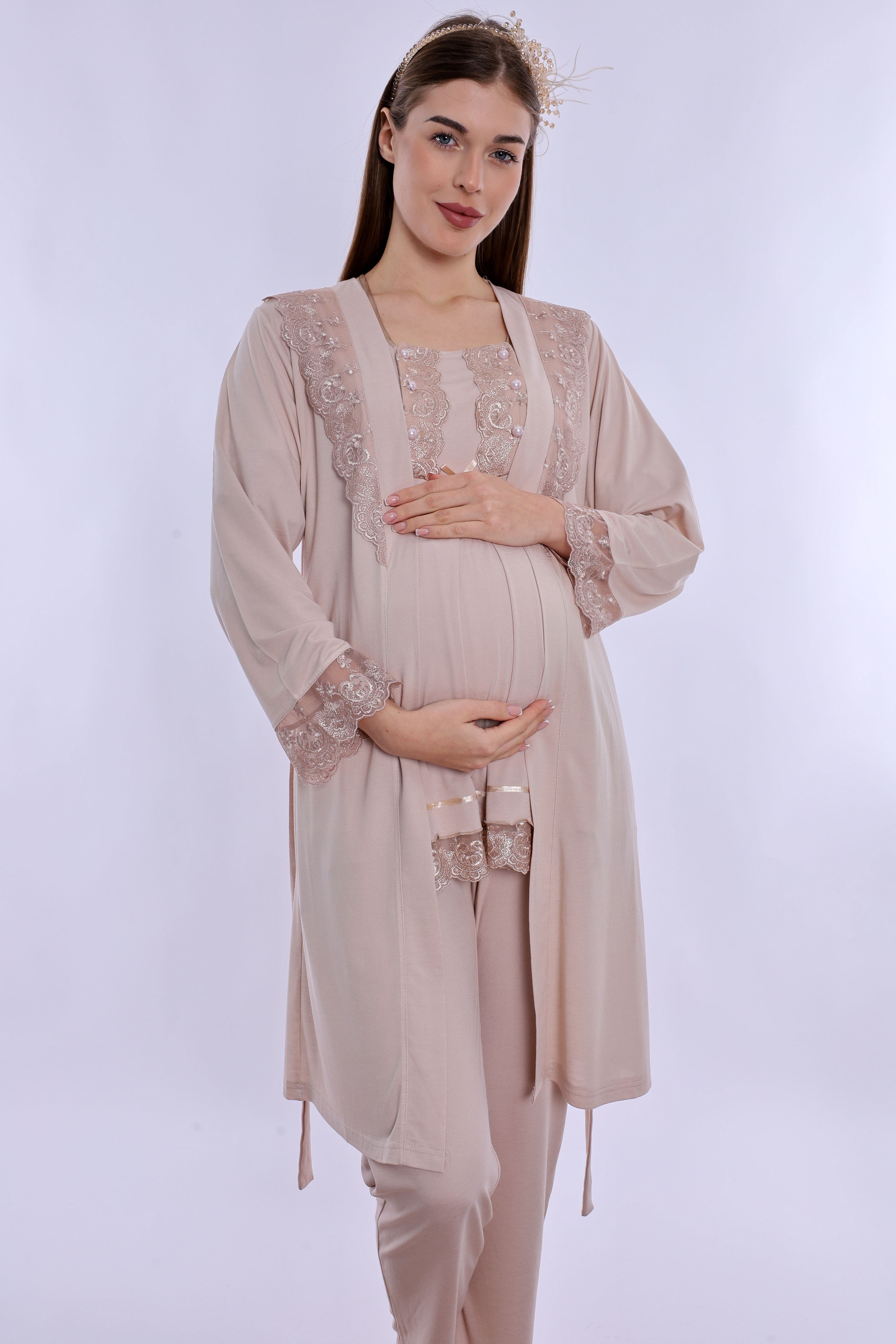 260342 Ayarlanabilir Bel Lastikli Sabahlıklı Hamile Lohusa Pijama Takımı  - Bej