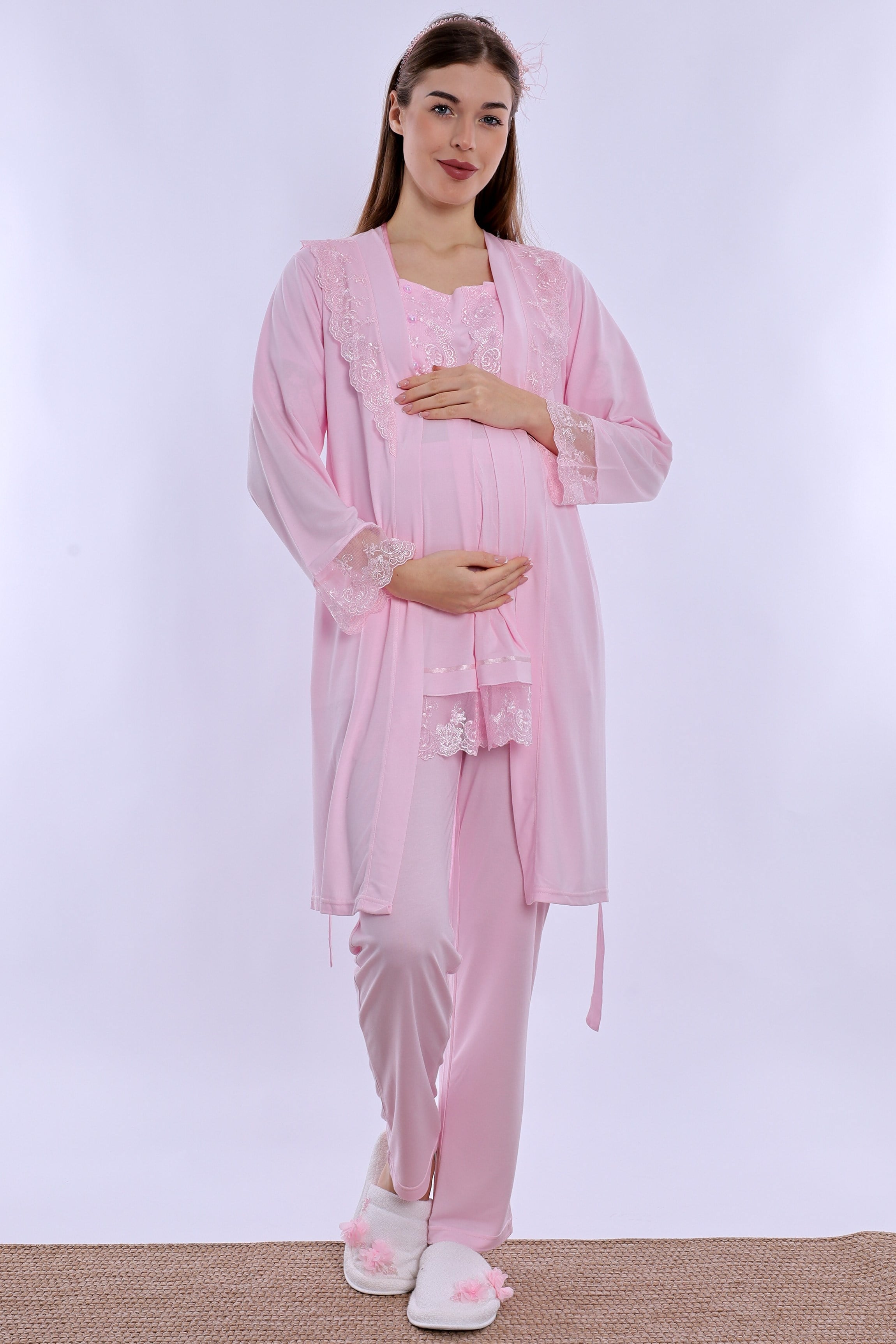260342 Ayarlanabilir Bel Lastikli Sabahlıklı Hamile Lohusa Pijama Takımı  - Pembe