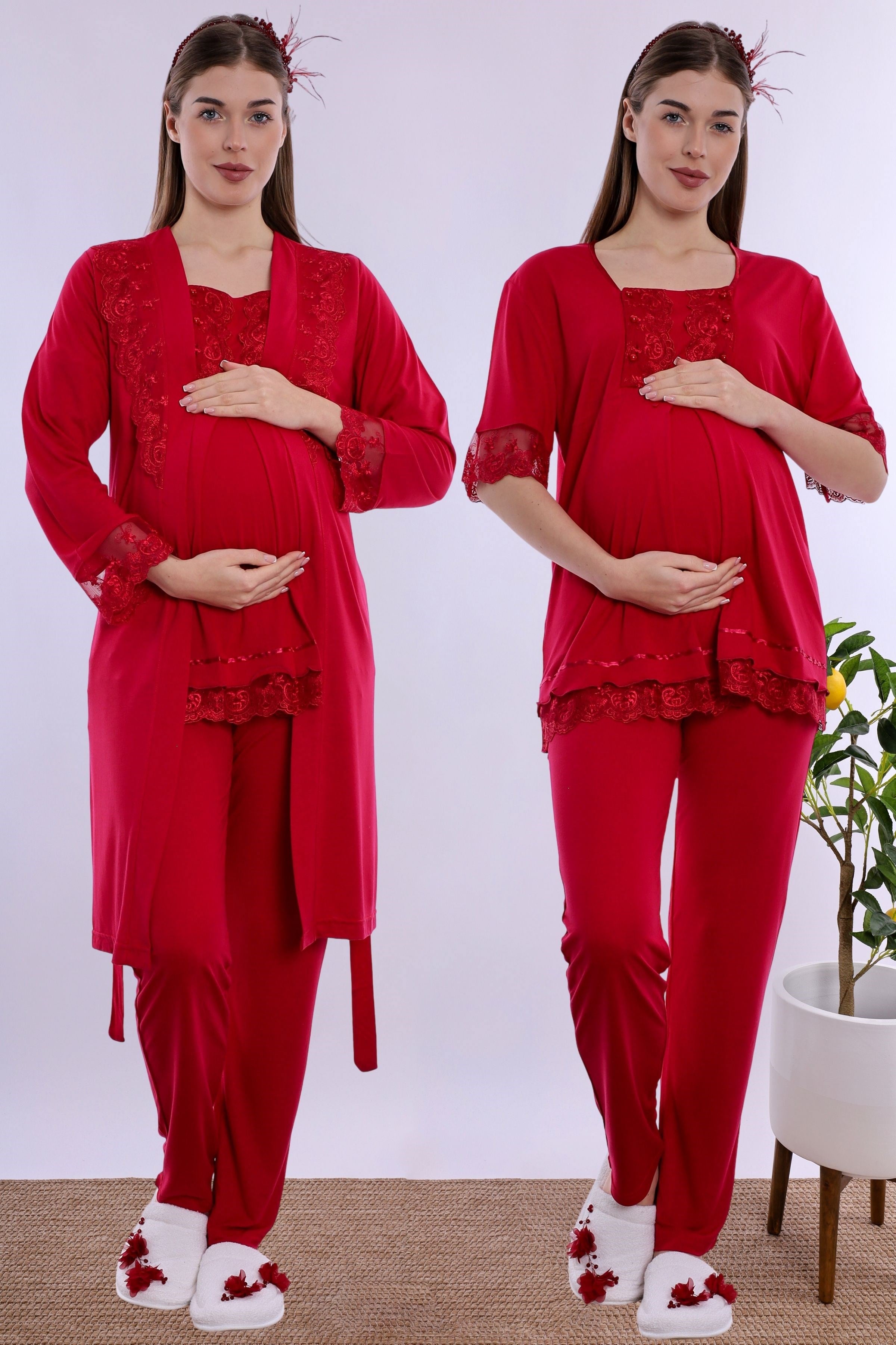 260342 Ayarlanabilir Bel Lastikli Sabahlıklı Hamile Lohusa Pijama Takımı  - Vişne