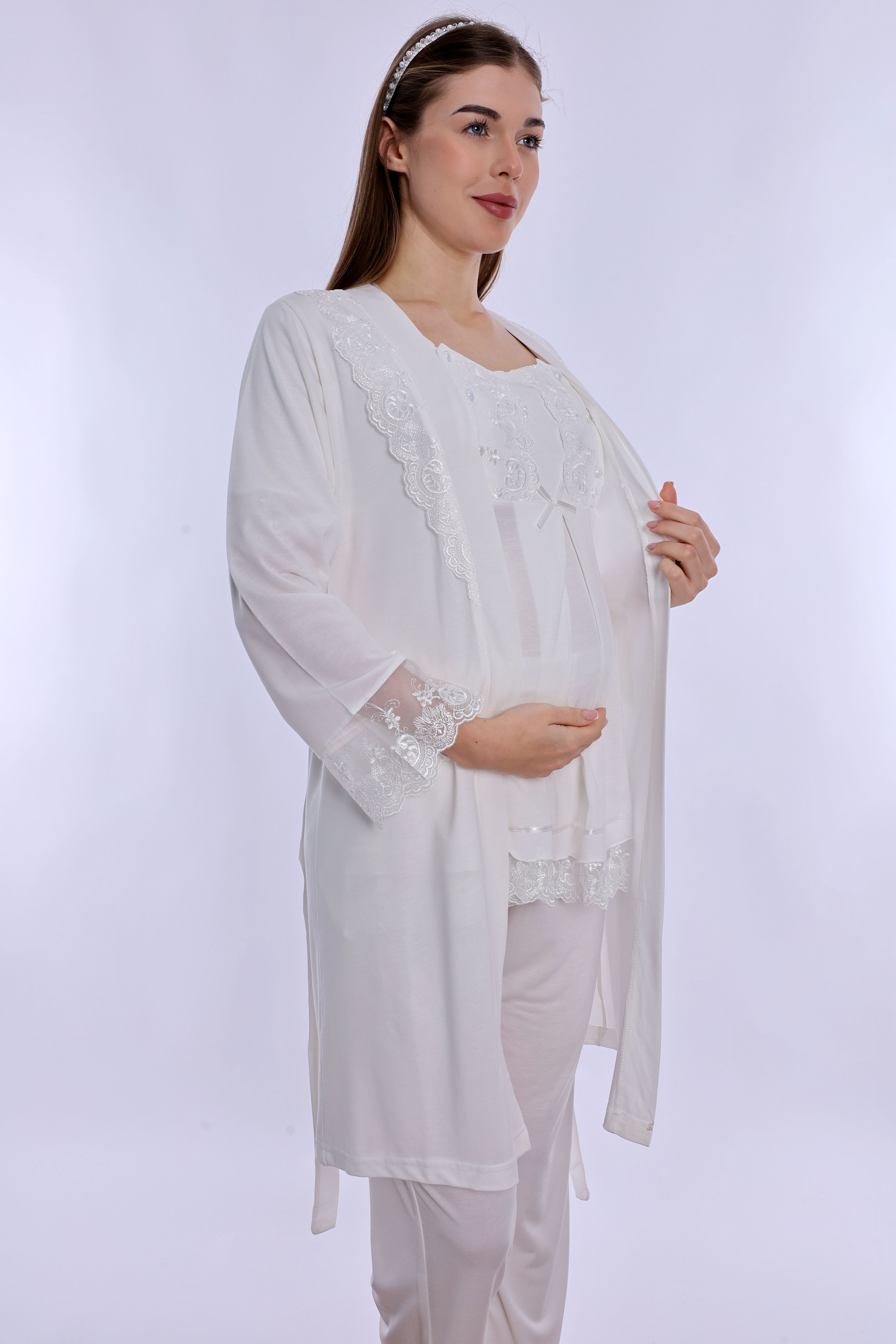 260342 Ayarlanabilir Bel Lastikli Sabahlıklı Hamile Lohusa Pijama Takımı  - Ekru