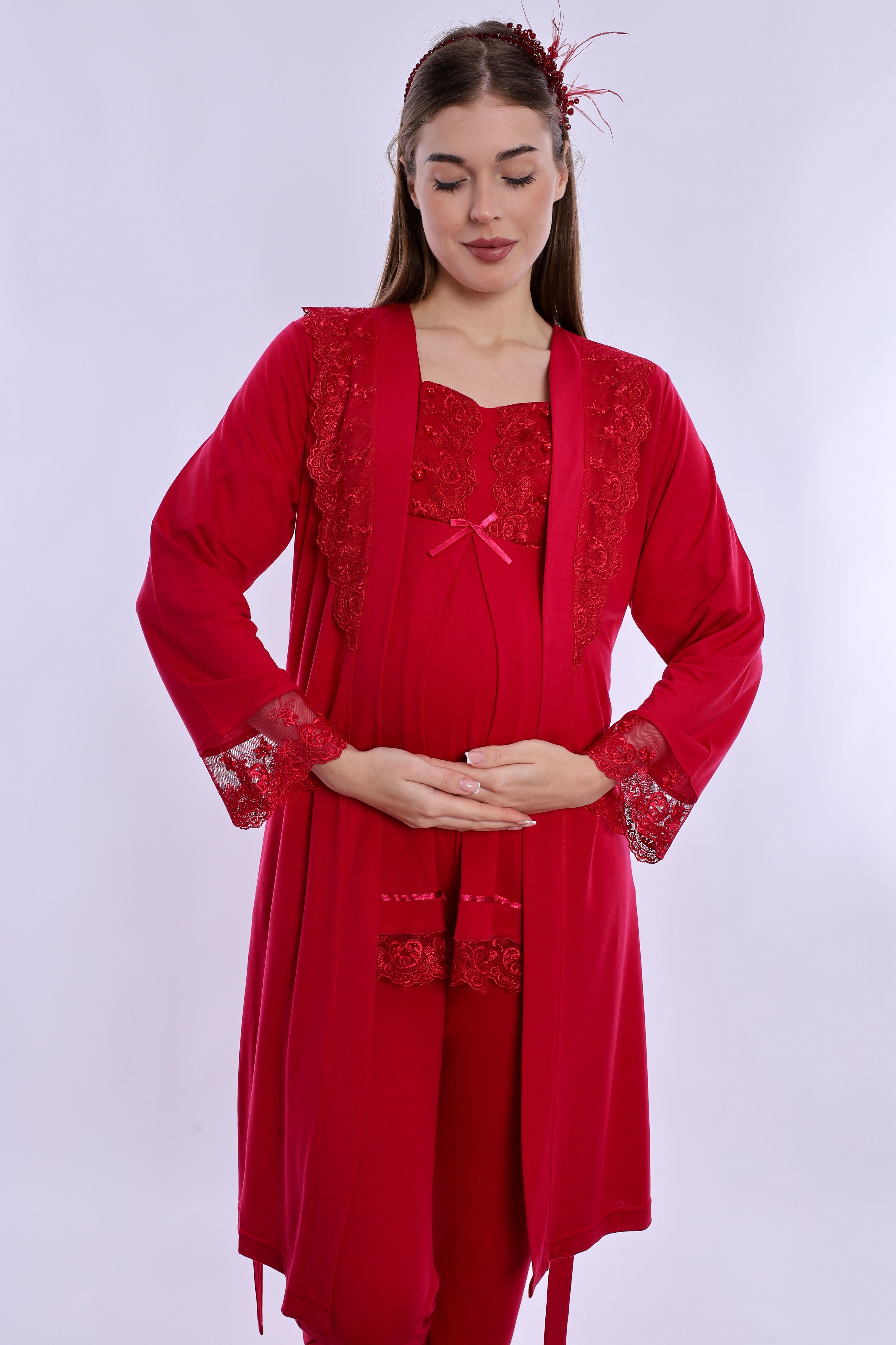 260342 Ayarlanabilir Bel Lastikli Sabahlıklı Hamile Lohusa Pijama Takımı  - Vişne