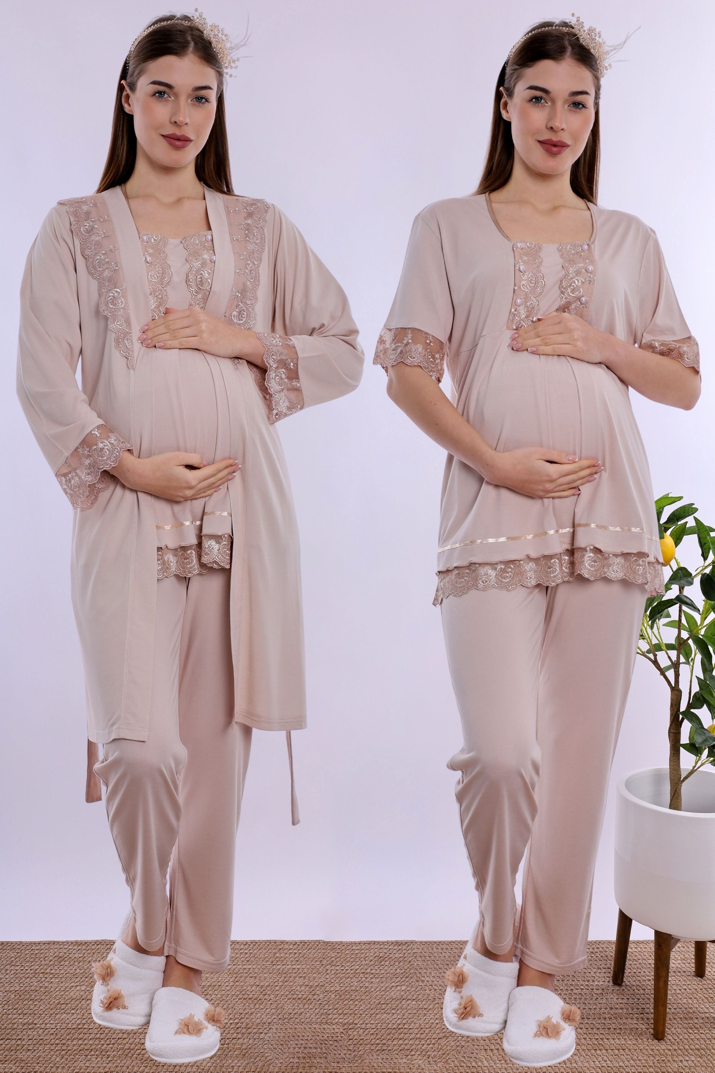 260342 Ayarlanabilir Bel Lastikli Sabahlıklı Hamile Lohusa Pijama Takımı  - Bej