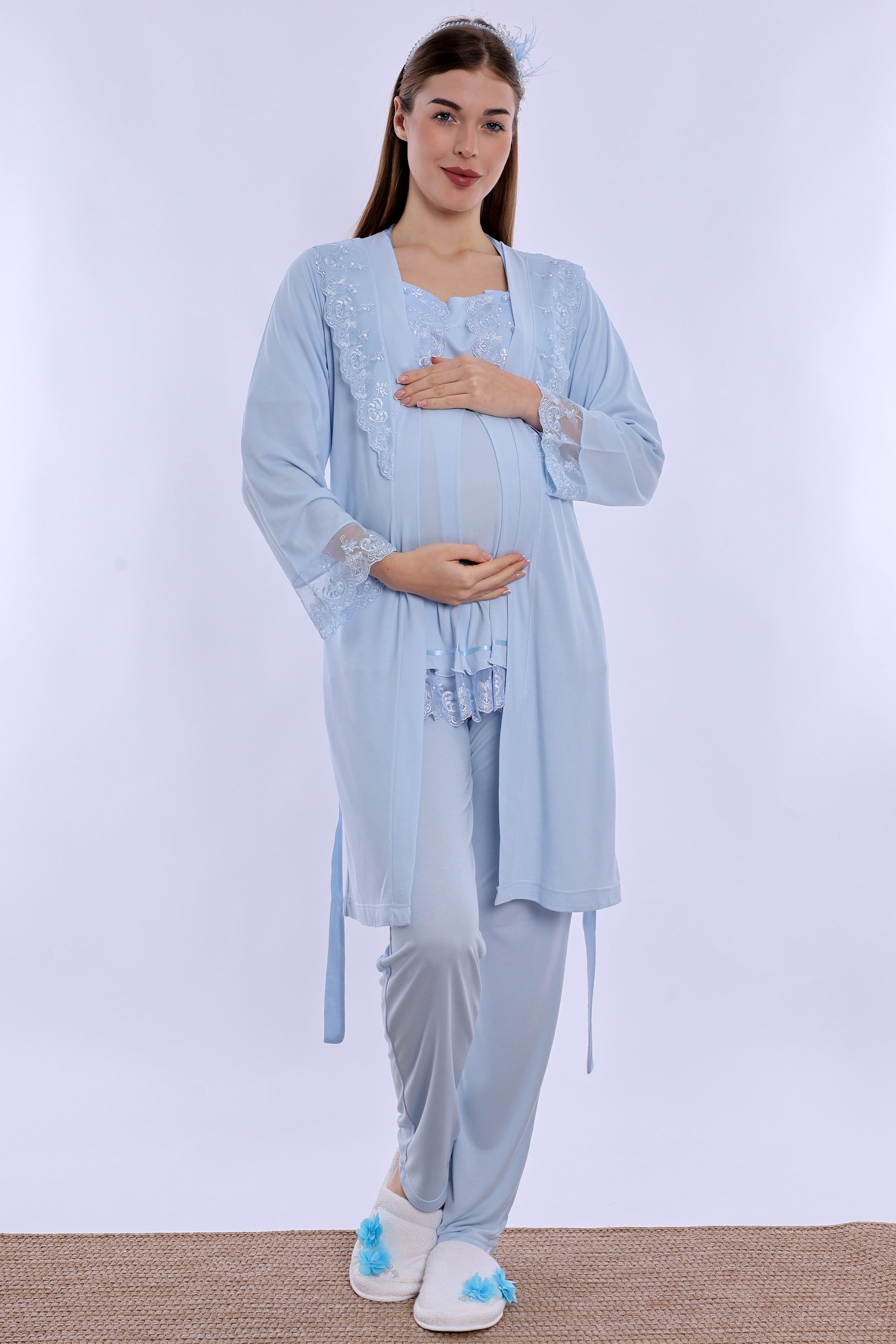 260342 Ayarlanabilir Bel Lastikli Sabahlıklı Hamile Lohusa Pijama Takımı  - Mavi