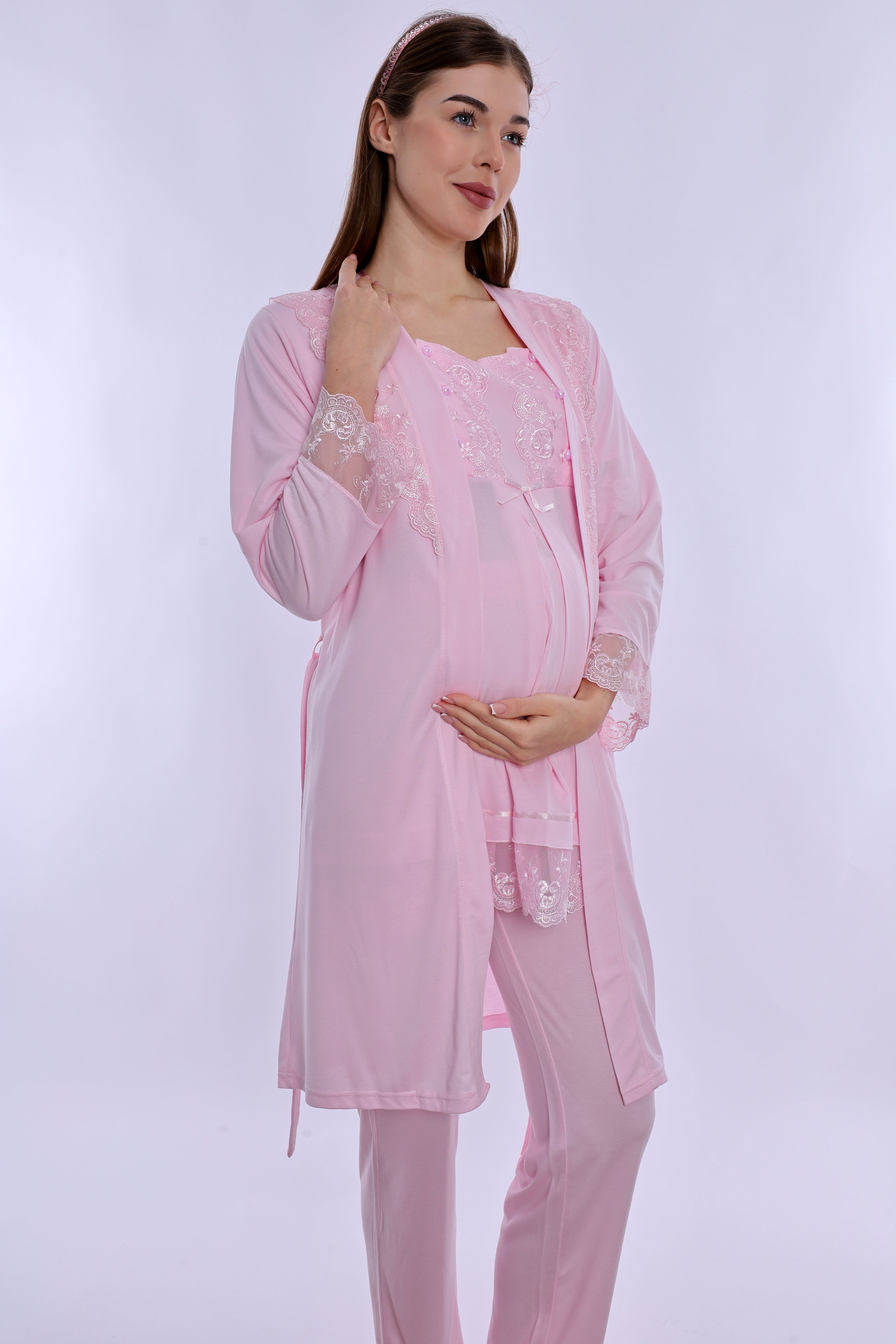 260342 Ayarlanabilir Bel Lastikli Sabahlıklı Hamile Lohusa Pijama Takımı  - Pembe