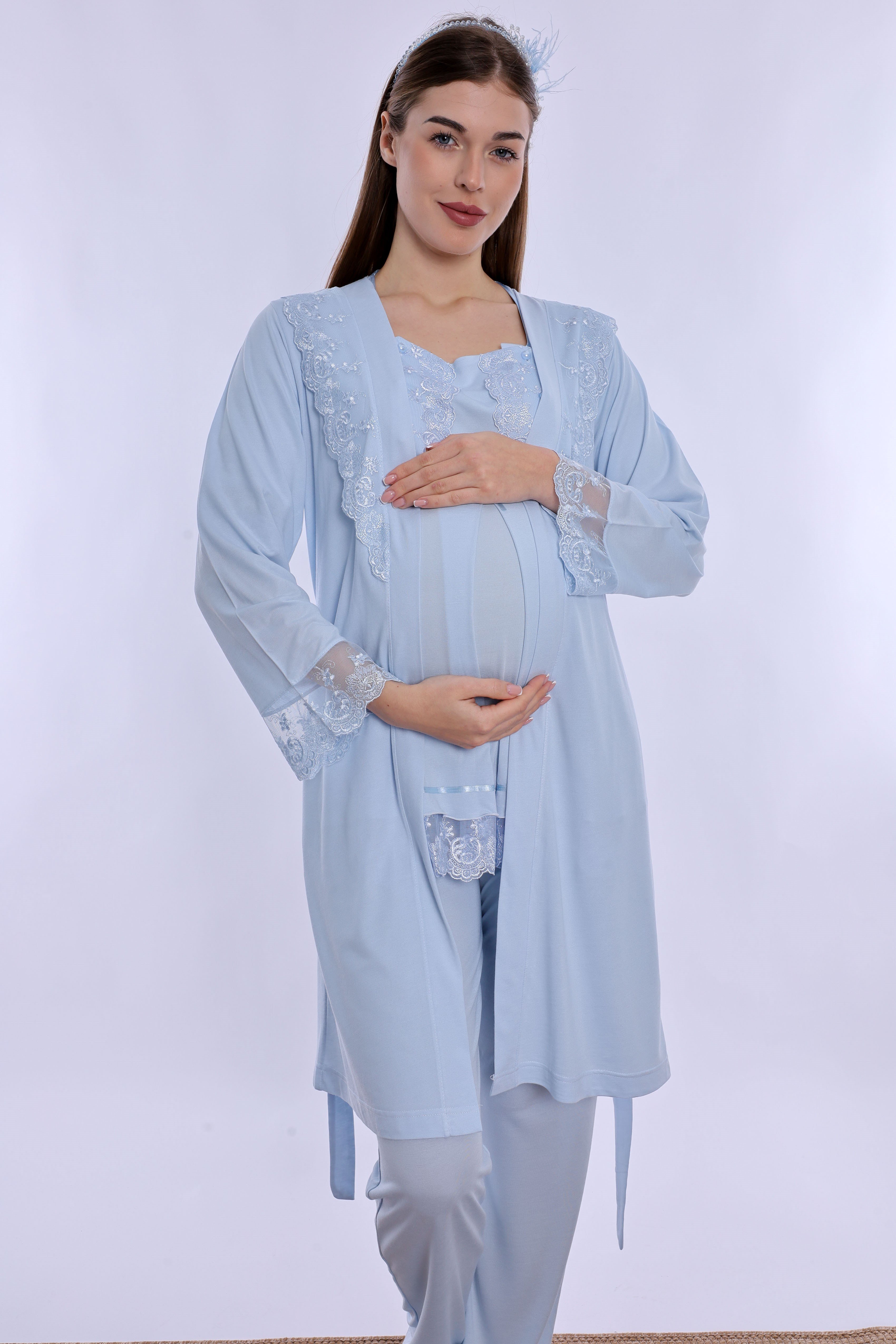 260342 Ayarlanabilir Bel Lastikli Sabahlıklı Hamile Lohusa Pijama Takımı  - Mavi